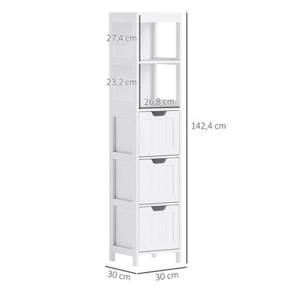 Bathroom Cabinet, Tall Bathroom Cabinet with 3 Drawers, 2 Open Shelves, Storage Cabinet for Bathroom, Living Room, White, 30 x 30 x 142.4 cm