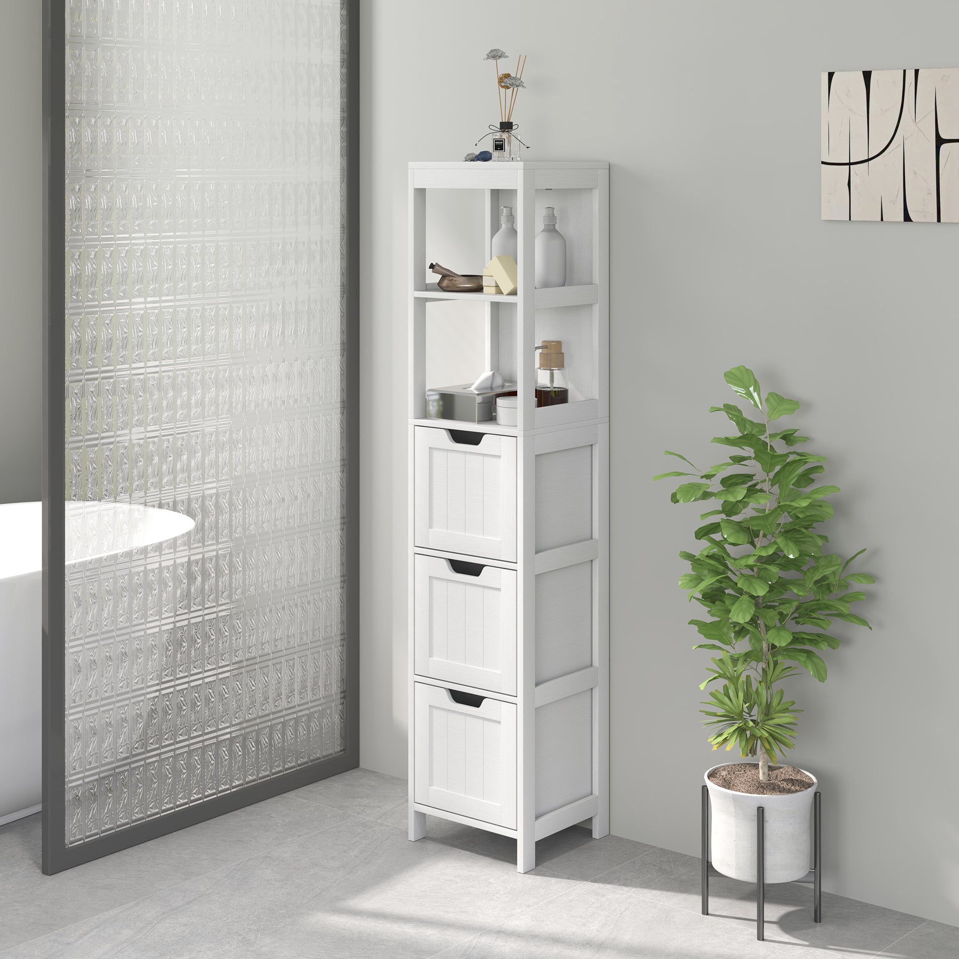 Bathroom Cabinet, Tall Bathroom Cabinet with 3 Drawers, 2 Open Shelves, Storage Cabinet for Bathroom, Living Room, White, 30 x 30 x 142.4 cm