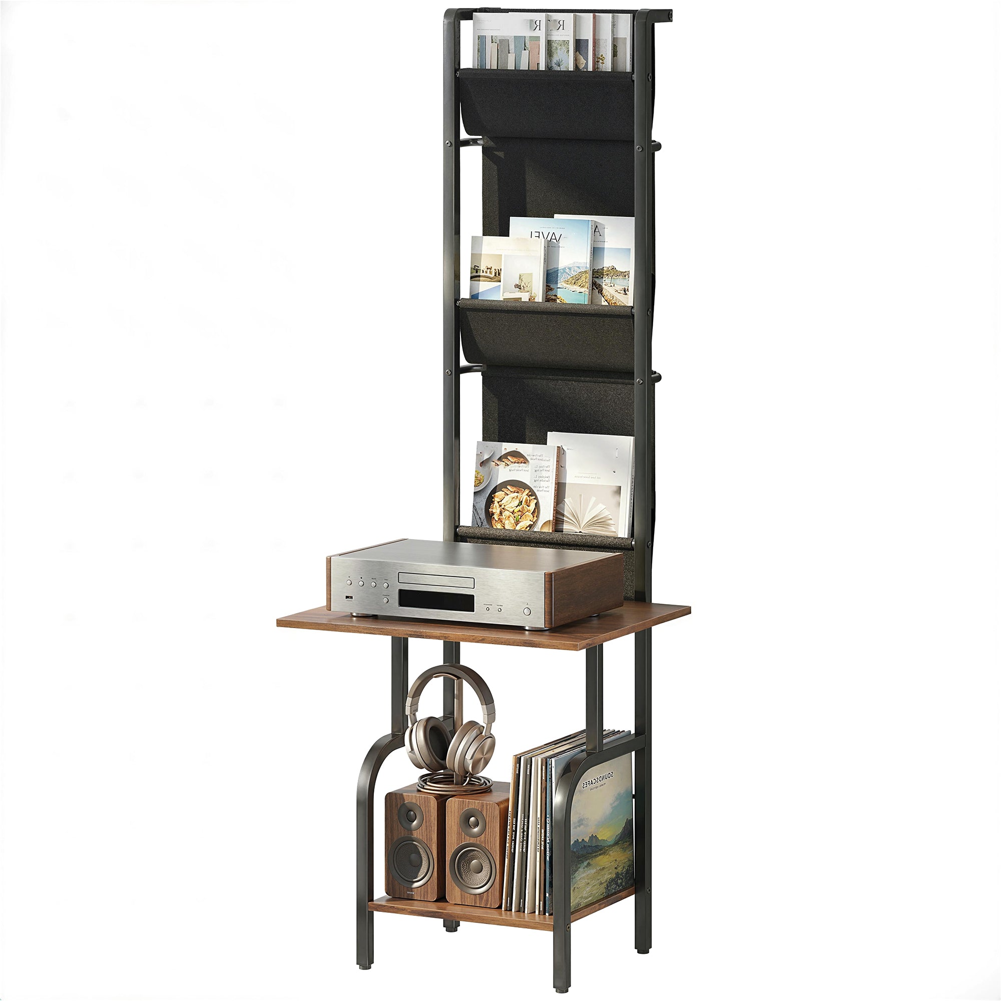CD/DVD/Blu-ray Rack with 3 Fabric Pockets & Table — Industrial Media Shelf, Rustic Brown/Black (19.7 x 19.1 x 56.7 in)