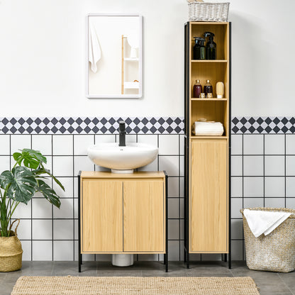 Wood Bathroom Under-Sink Cabinet with 2 Doors and Adjustable Inner Shelf Industrial Style Anti-Tip 60x30x65.2 cm Oak