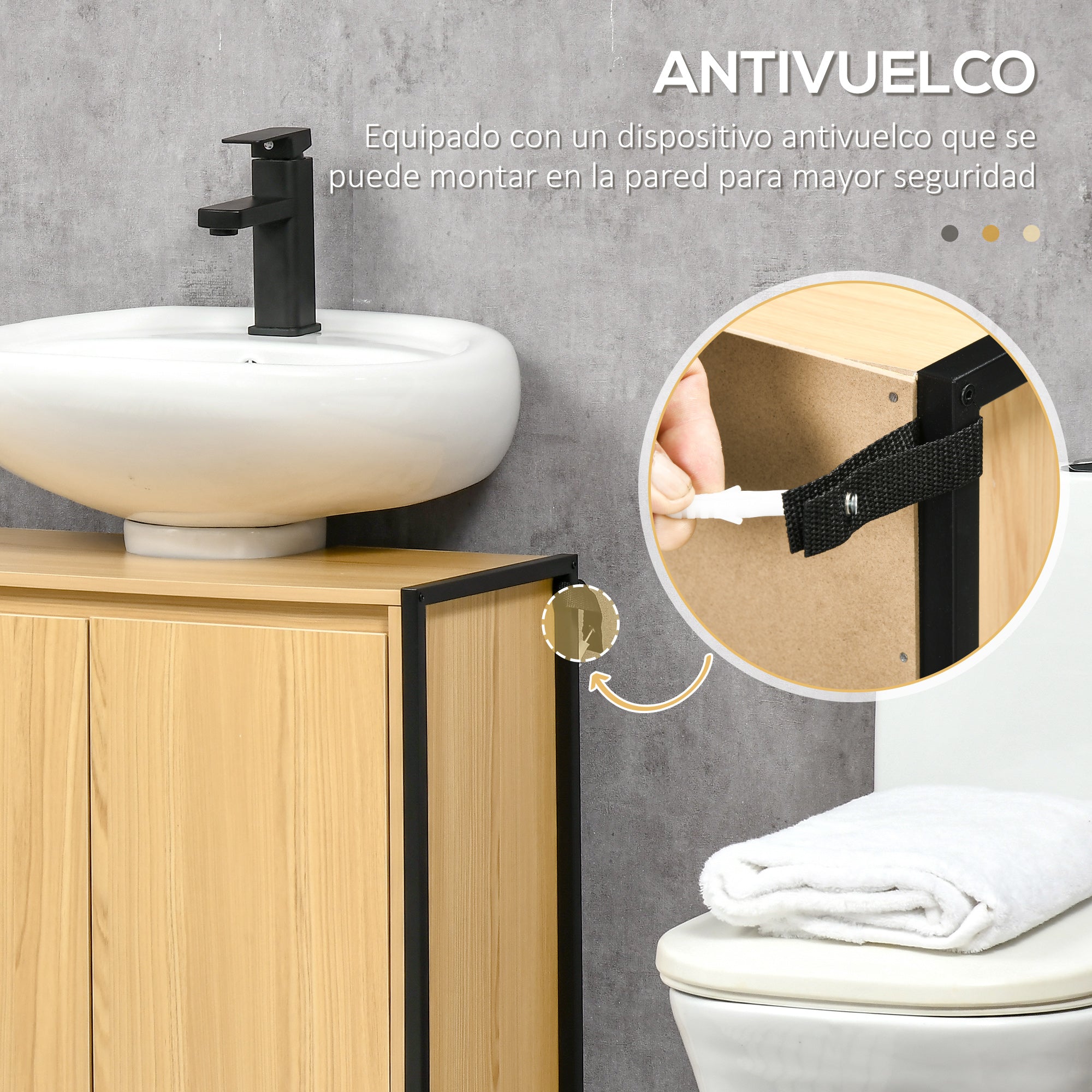 Wood Bathroom Under-Sink Cabinet with 2 Doors and Adjustable Inner Shelf Industrial Style Anti-Tip 60x30x65.2 cm Oak