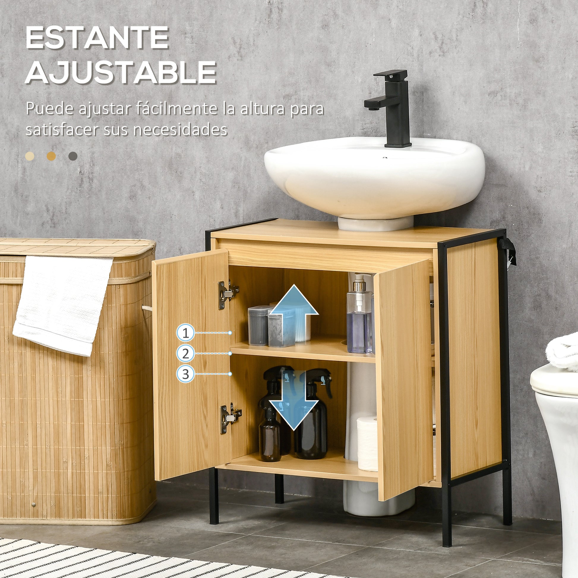 Wood Bathroom Under-Sink Cabinet with 2 Doors and Adjustable Inner Shelf Industrial Style Anti-Tip 60x30x65.2 cm Oak