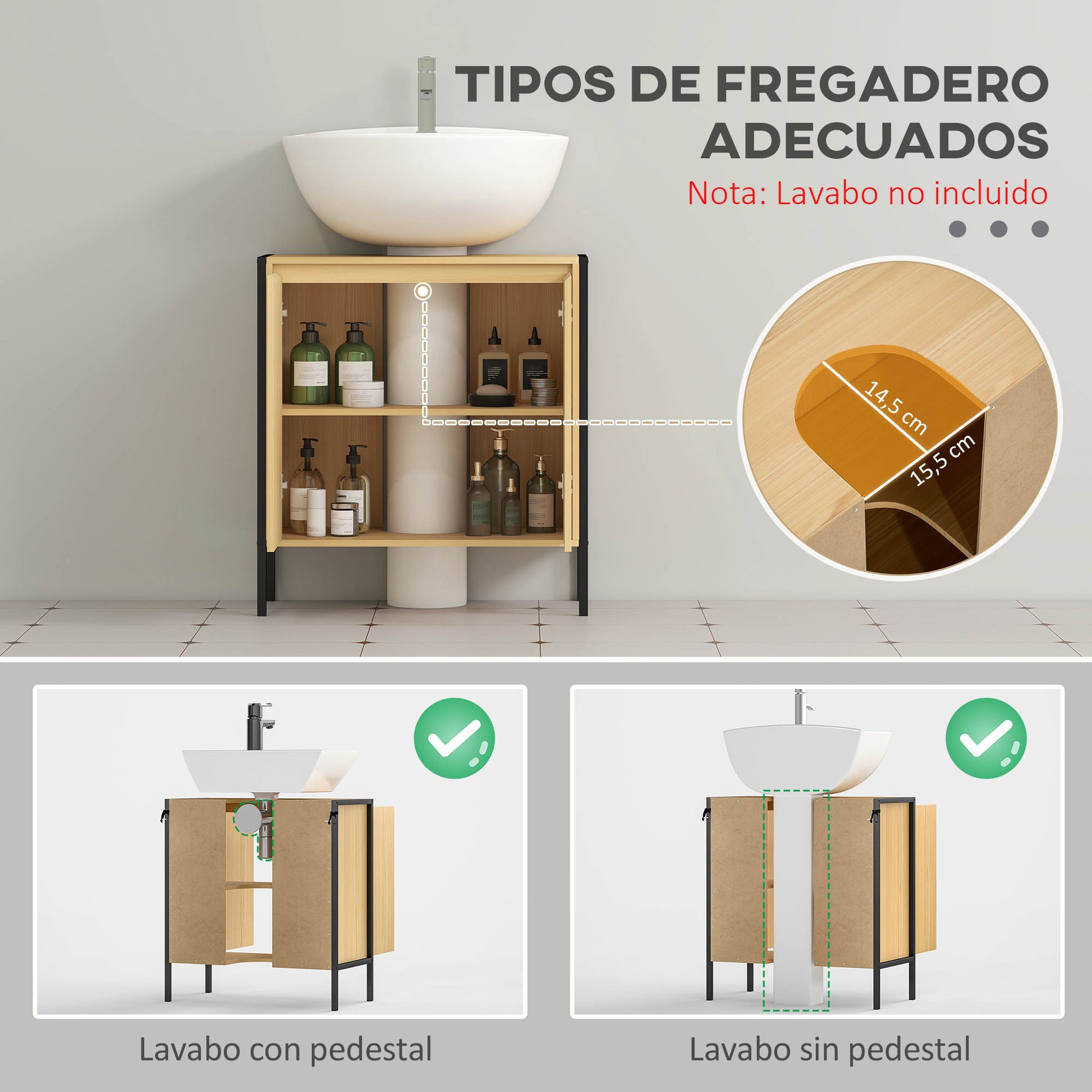 Wood Bathroom Under-Sink Cabinet with 2 Doors and Adjustable Inner Shelf Industrial Style Anti-Tip 60x30x65.2 cm Oak