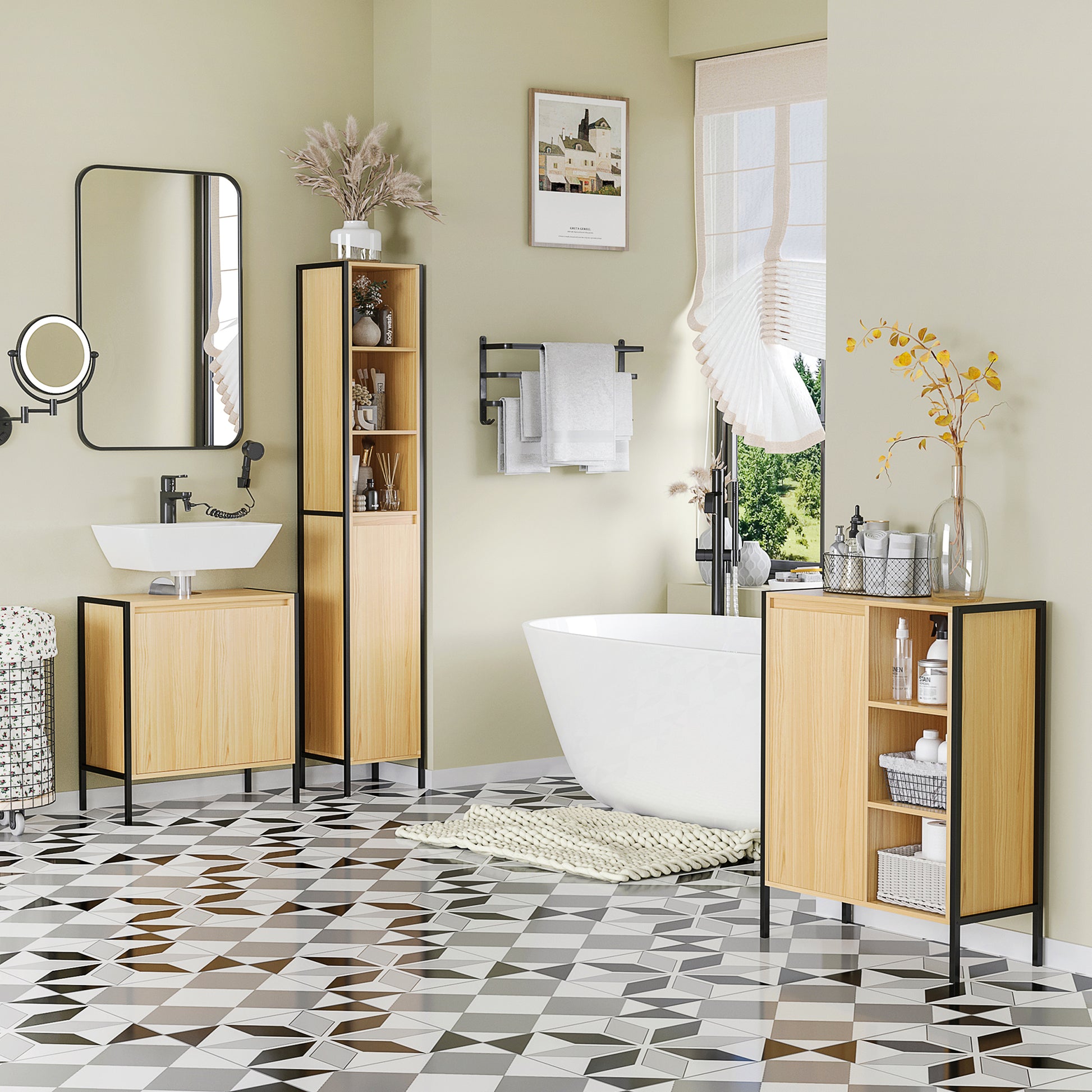 Wood Bathroom Under-Sink Cabinet with 2 Doors and Adjustable Inner Shelf Industrial Style Anti-Tip 60x30x65.2 cm Oak