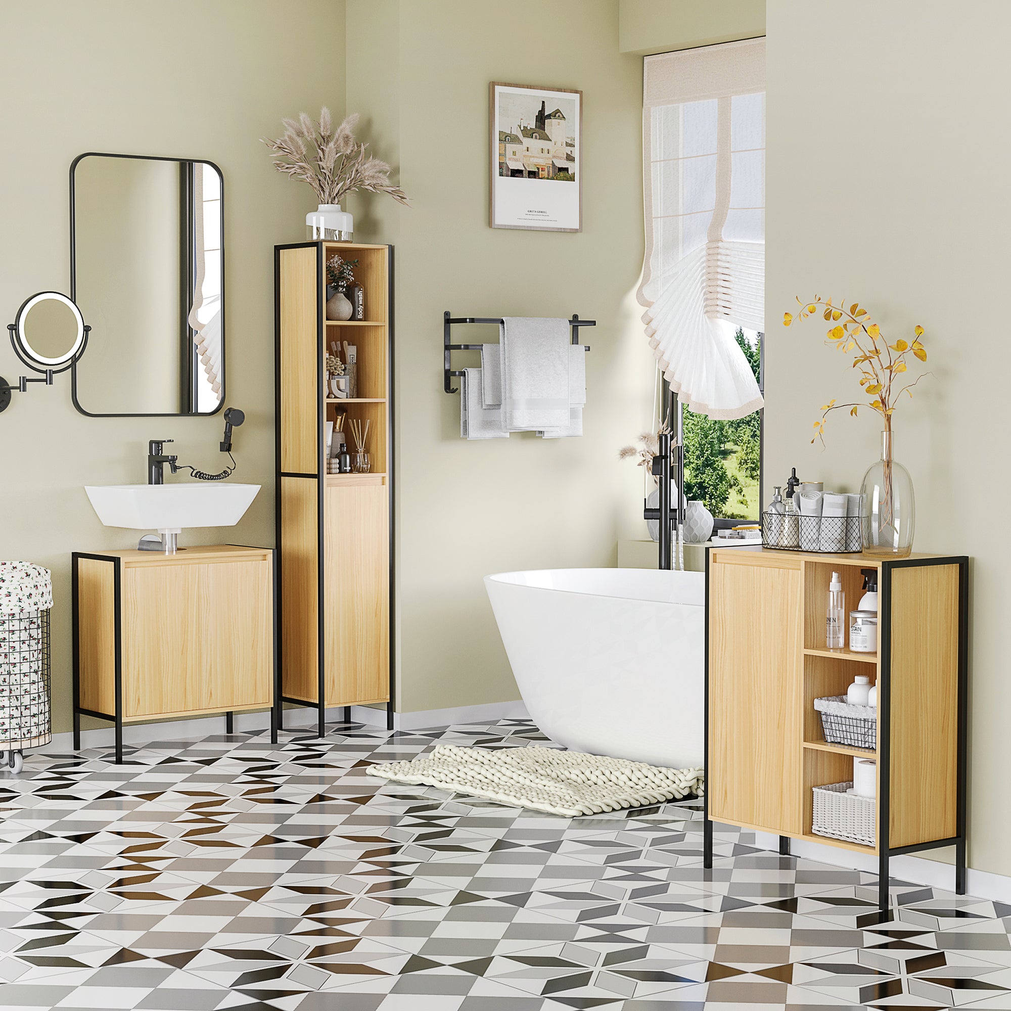 Wood Bathroom Under-Sink Cabinet with 2 Doors and Adjustable Inner Shelf Industrial Style Anti-Tip 60x30x65.2 cm Oak