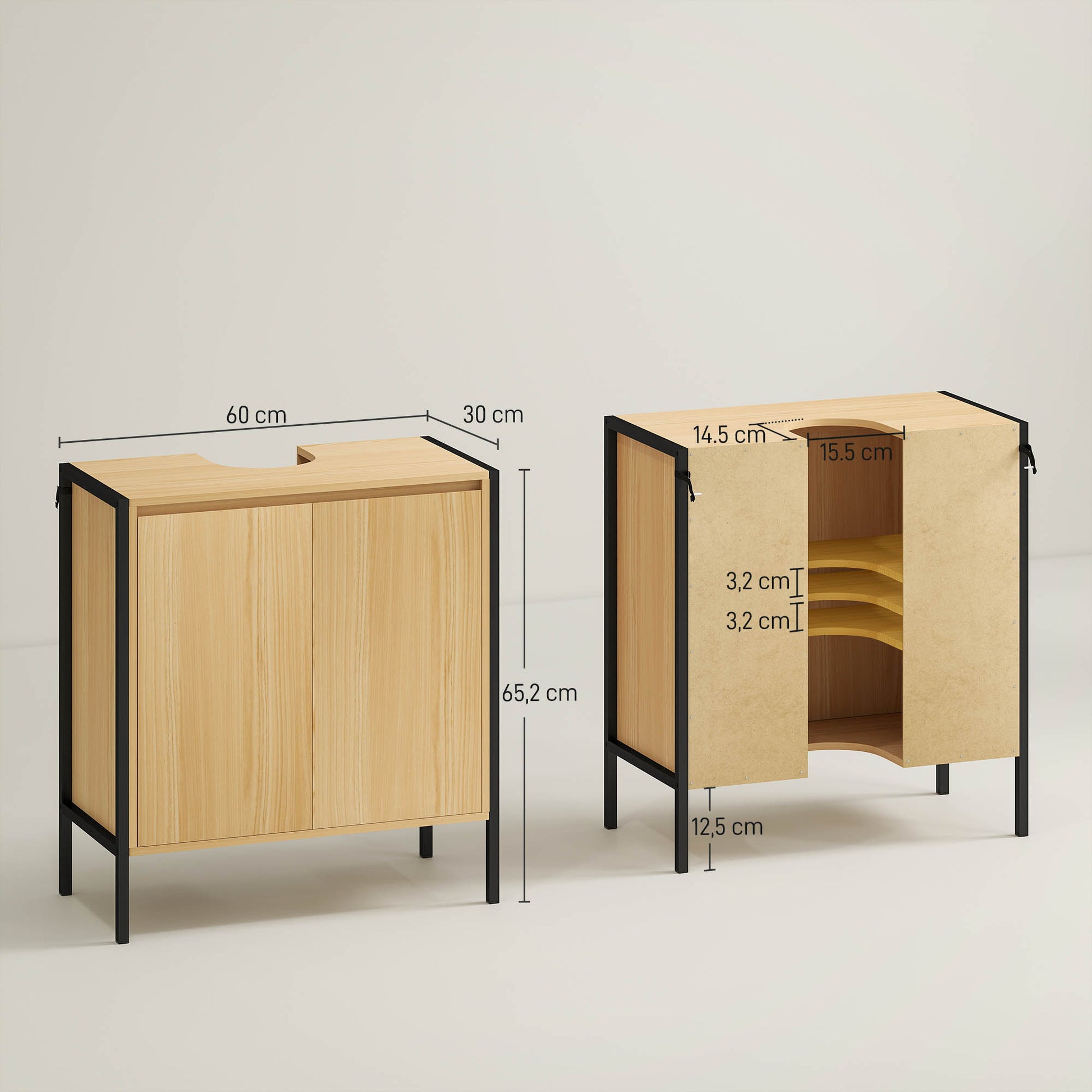 Wood Bathroom Under-Sink Cabinet with 2 Doors and Adjustable Inner Shelf Industrial Style Anti-Tip 60x30x65.2 cm Oak