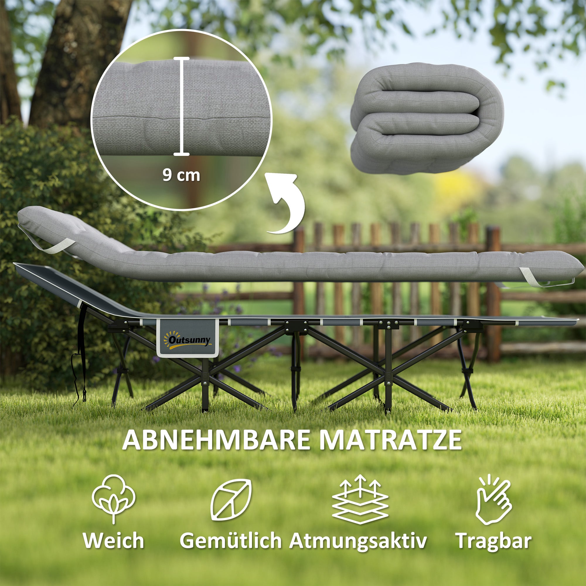 Folding Camp Bed Camping Bed with Mattress Pillow Side Pocket 190 x 65 x 37 cm Camping Cot for Adults Guest Bed up to 150 kg Foldable Bed for Outdoor, Garden Camping Travel Light gray