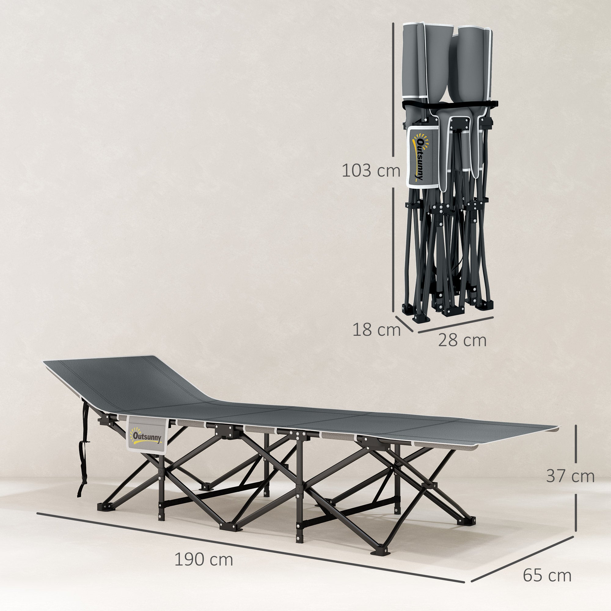 Folding Camp Bed Camping Bed with Mattress Pillow Side Pocket 190 x 65 x 37 cm Camping Cot for Adults Guest Bed up to 150 kg Foldable Bed for Outdoor, Garden Camping Travel Light gray