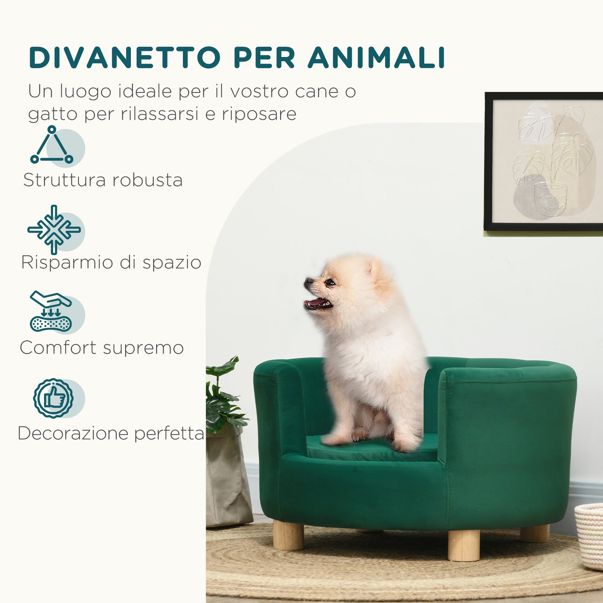 Padded Sofa for Dogs with Backrest and Removable Cushion, Indoor Cat Bed, 65x64x37 cm, Green
