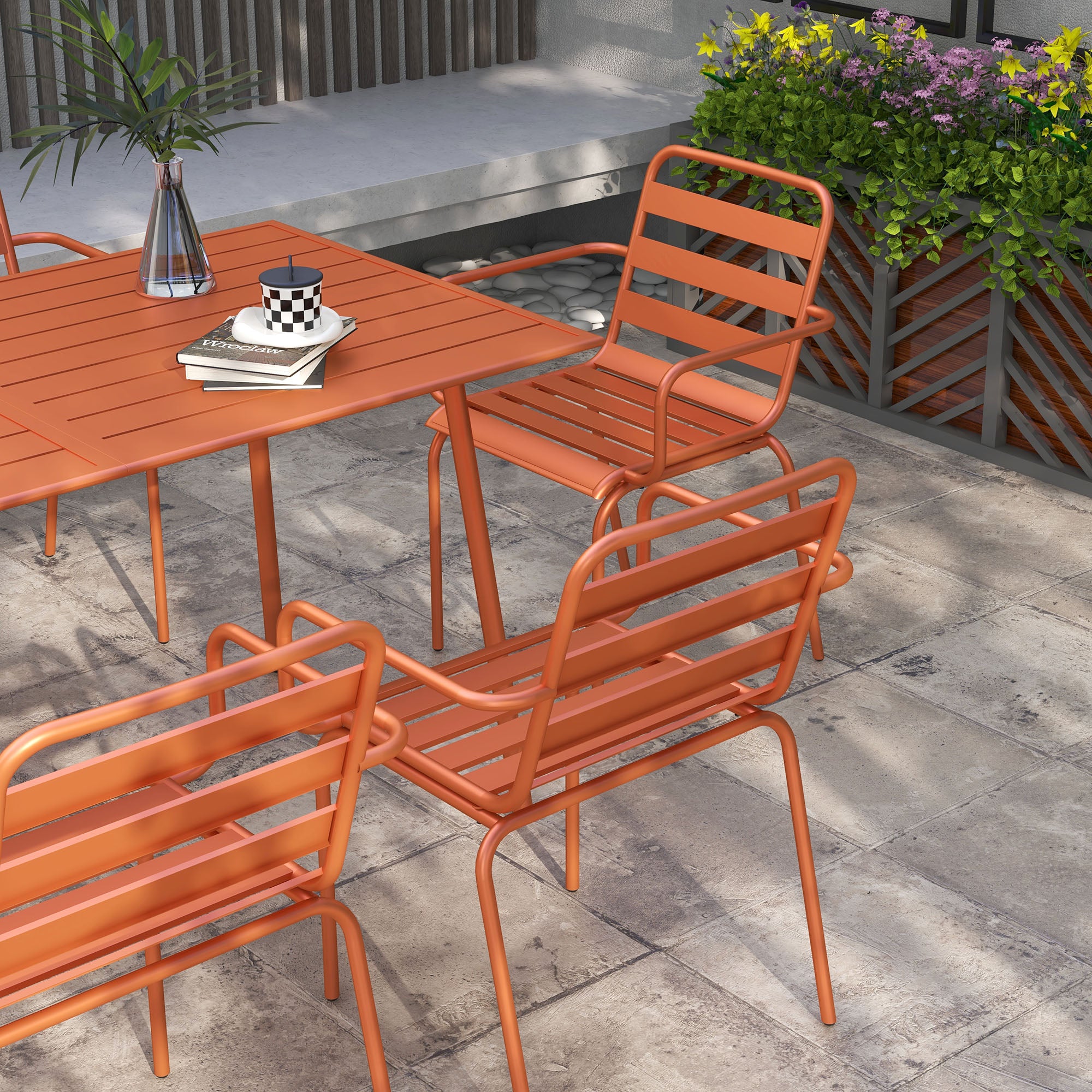 Garden Furniture Set Garden Dining Set 7-piece with 1 Table and 6 Stackable Chairs made of Steel in Red