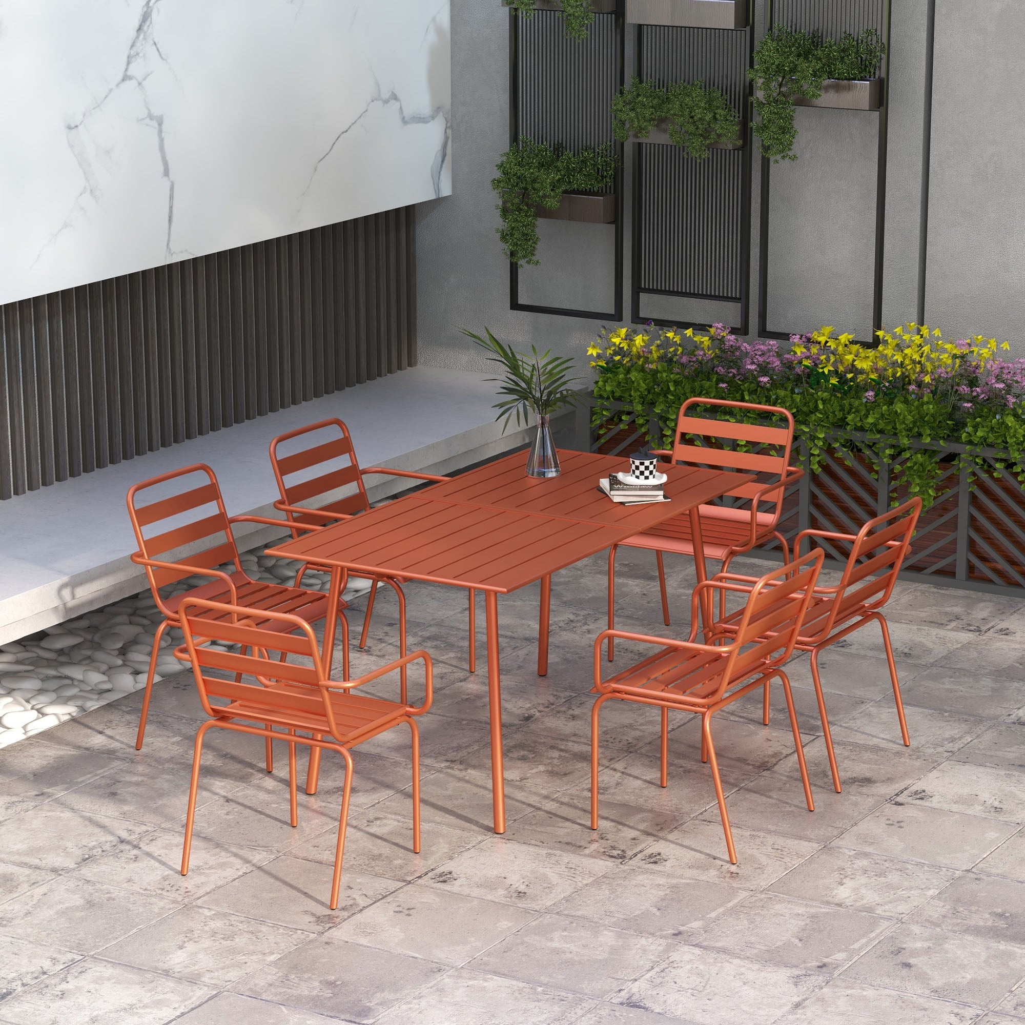 Garden Furniture Set Garden Dining Set 7-piece with 1 Table and 6 Stackable Chairs made of Steel in Red