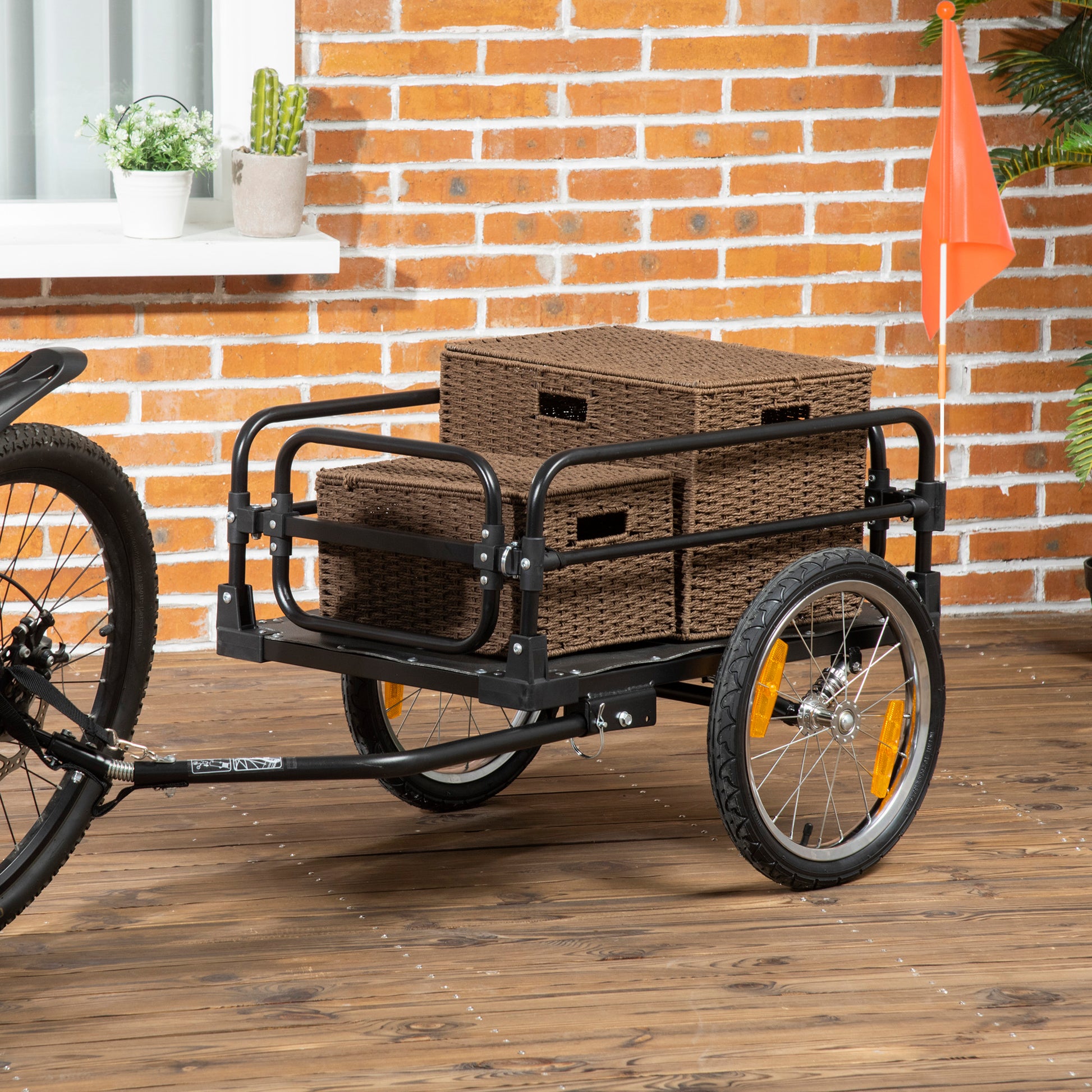 Bike Cargo Trailer Bicycle Cart Detachable with 2 Wheels Reflectors and Flag Frame with Shock Absorber 70L Capacity 40 kg Load 125x64x53.5 cm Black