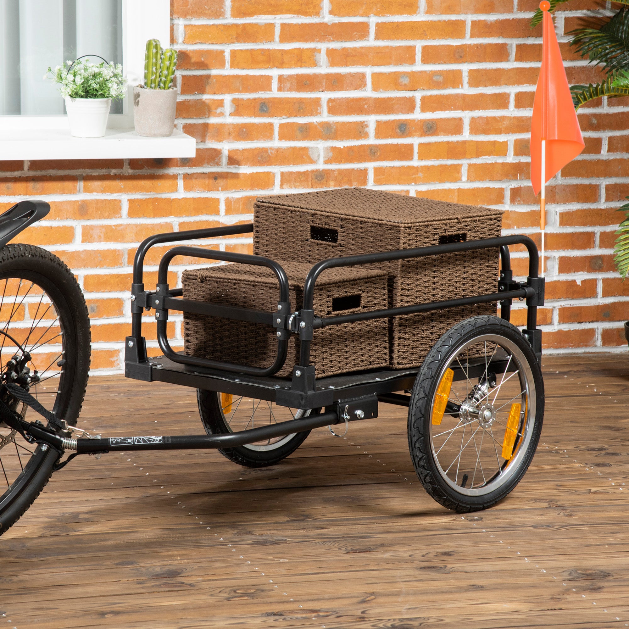 Bike Cargo Trailer Bicycle Cart Detachable with 2 Wheels Reflectors and Flag Frame with Shock Absorber 70L Capacity 40 kg Load 125x64x53.5 cm Black