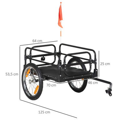Bike Cargo Trailer Bicycle Cart Detachable with 2 Wheels Reflectors and Flag Frame with Shock Absorber 70L Capacity 40 kg Load 125x64x53.5 cm Black