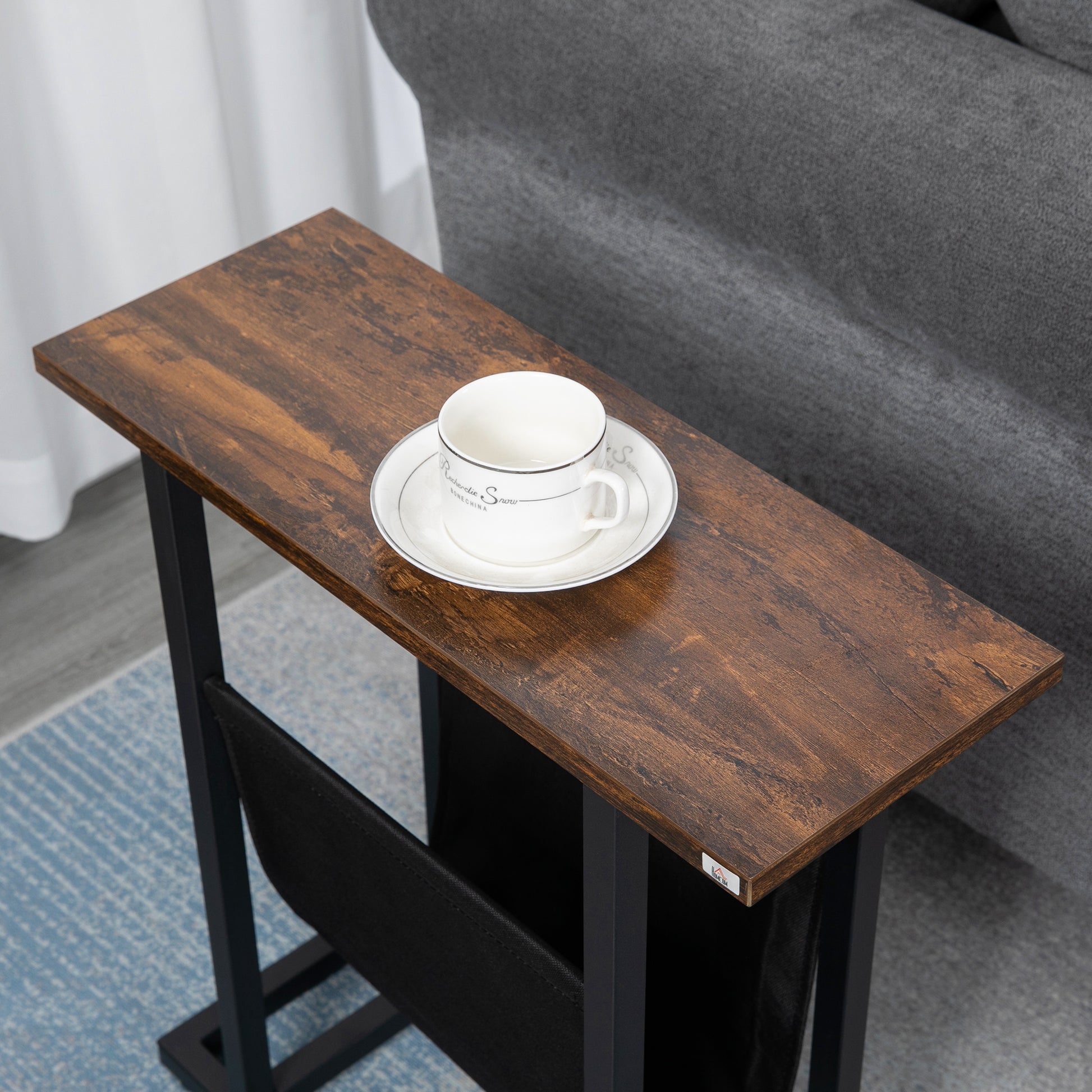 Side Table with Fabric Bag, Coffee Table, End Table with Steel Frame, Nightstand, Coffee Table for Bedroom, Living Room, Dark Brown + Black, 49 x 19 x 55 cm