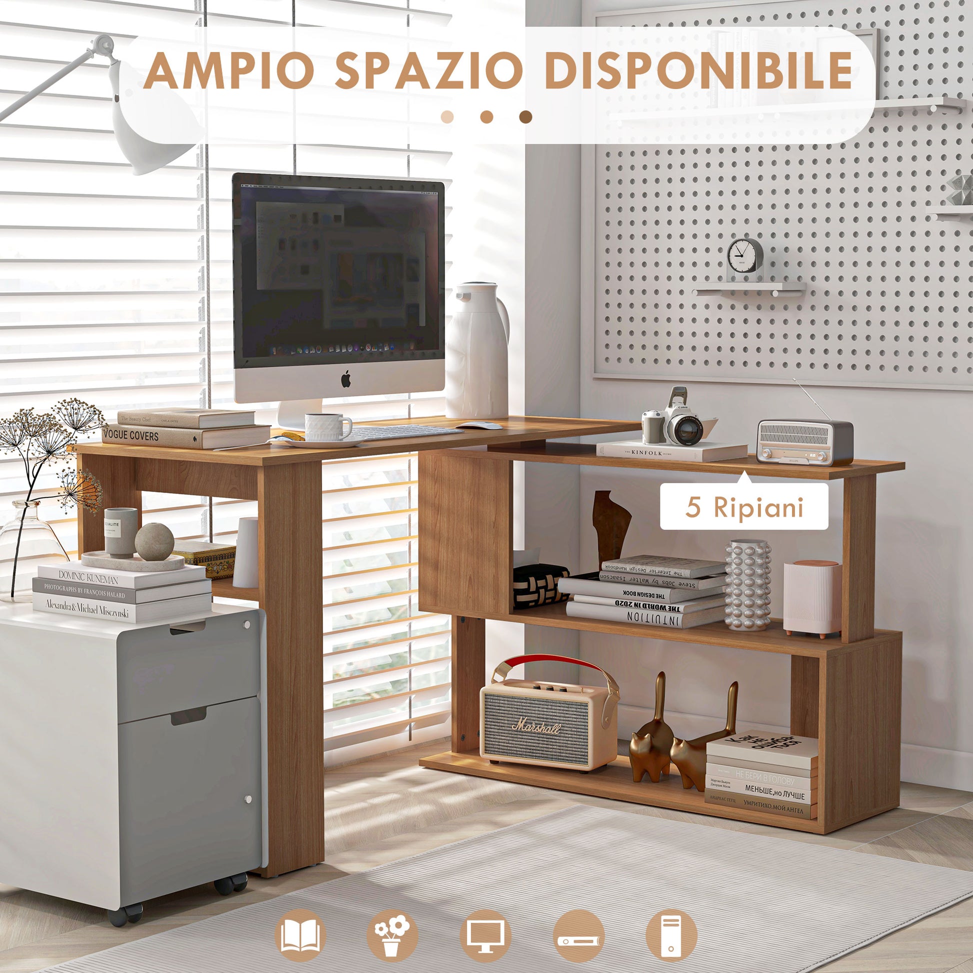 Reversible Corner Desk with 5 Shelves, Corner Computer Desk in Wood, for Office, Living Room and Study, Industrial Style, 120x110x74.5 cm, Steel Color