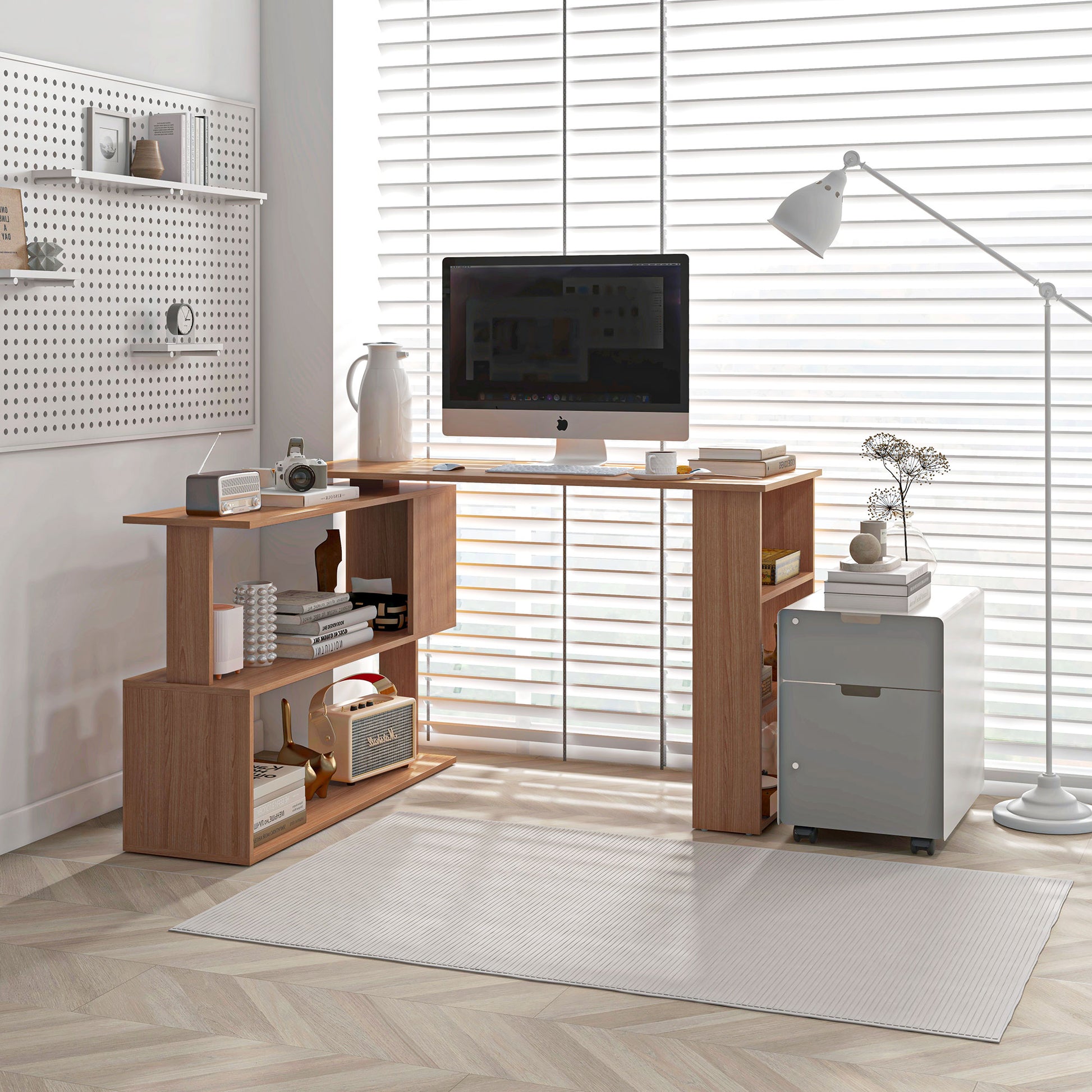Reversible Corner Desk with 5 Shelves, Corner Computer Desk in Wood, for Office, Living Room and Study, Industrial Style, 120x110x74.5 cm, Steel Color
