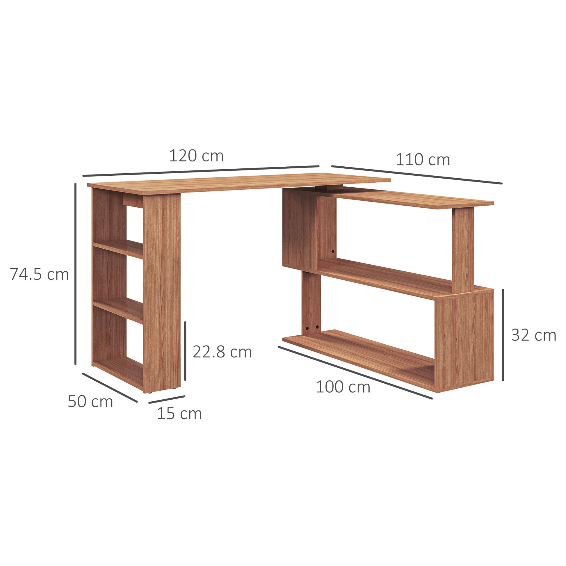 Reversible Corner Desk with 5 Shelves, Corner Computer Desk in Wood, for Office, Living Room and Study, Industrial Style, 120x110x74.5 cm, Steel Color