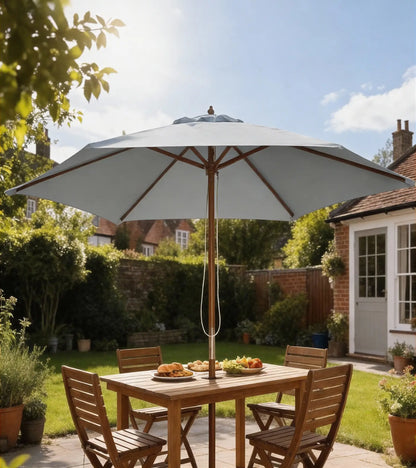 Outsunny Parasol Ø 250 cm, Parasol med Talje Mekanisme Balkon Parasol Strand Parasol lavet af Bambus Vindbestandig Markedsparasol Solbeskyttelse til Balkon Terrasse Have, Grå