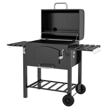 Charcoal Grill BBQ Garden Grill with Lid and Shelves, Camping Grill with Smoker, Warming Plate, Shelves, Garden Party, Transport Wheels, Metal, Black, 124 x 66 x 112 cm