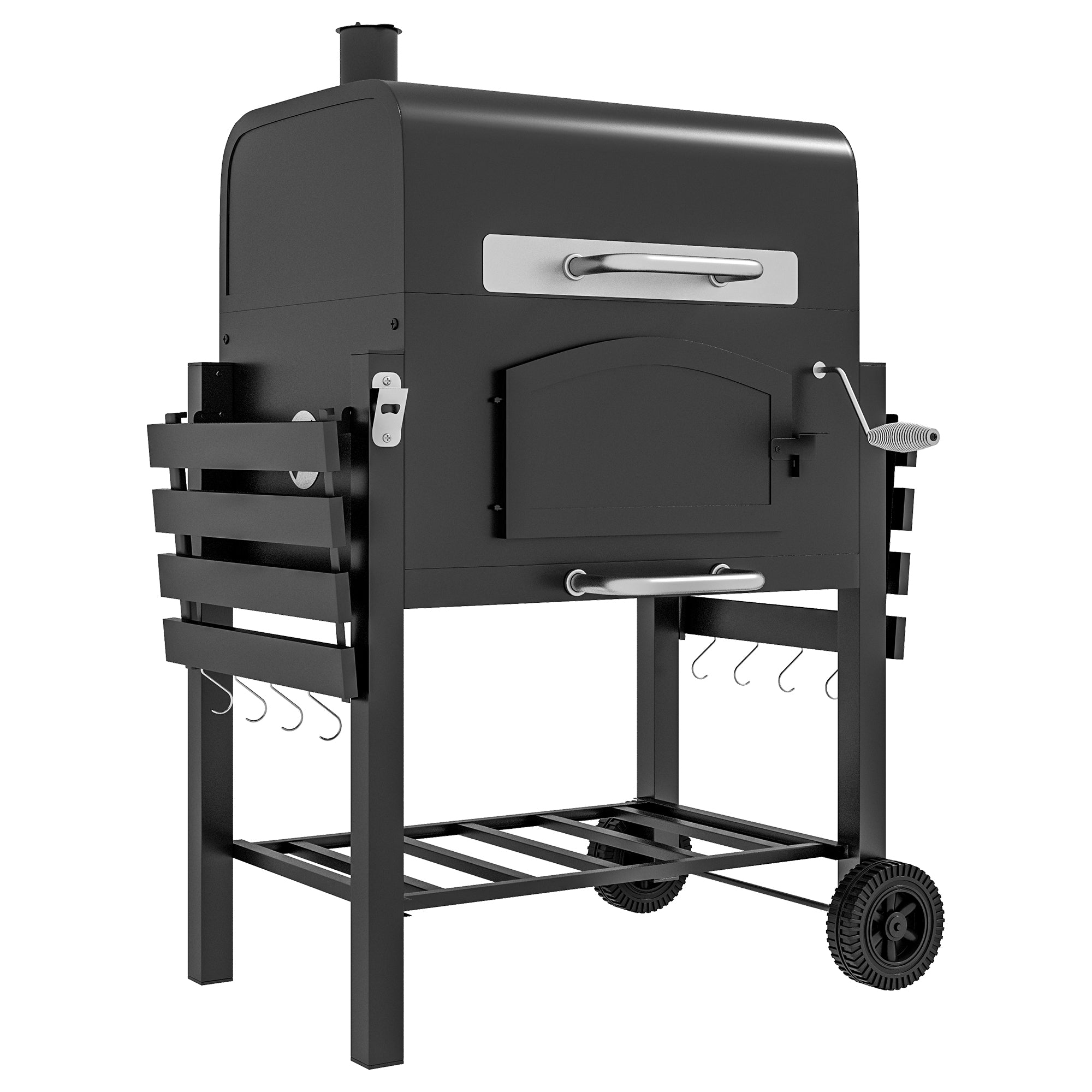 Charcoal Grill BBQ Garden Grill with Lid and Shelves, Camping Grill with Smoker, Warming Plate, Shelves, Garden Party, Transport Wheels, Metal, Black, 124 x 66 x 112 cm