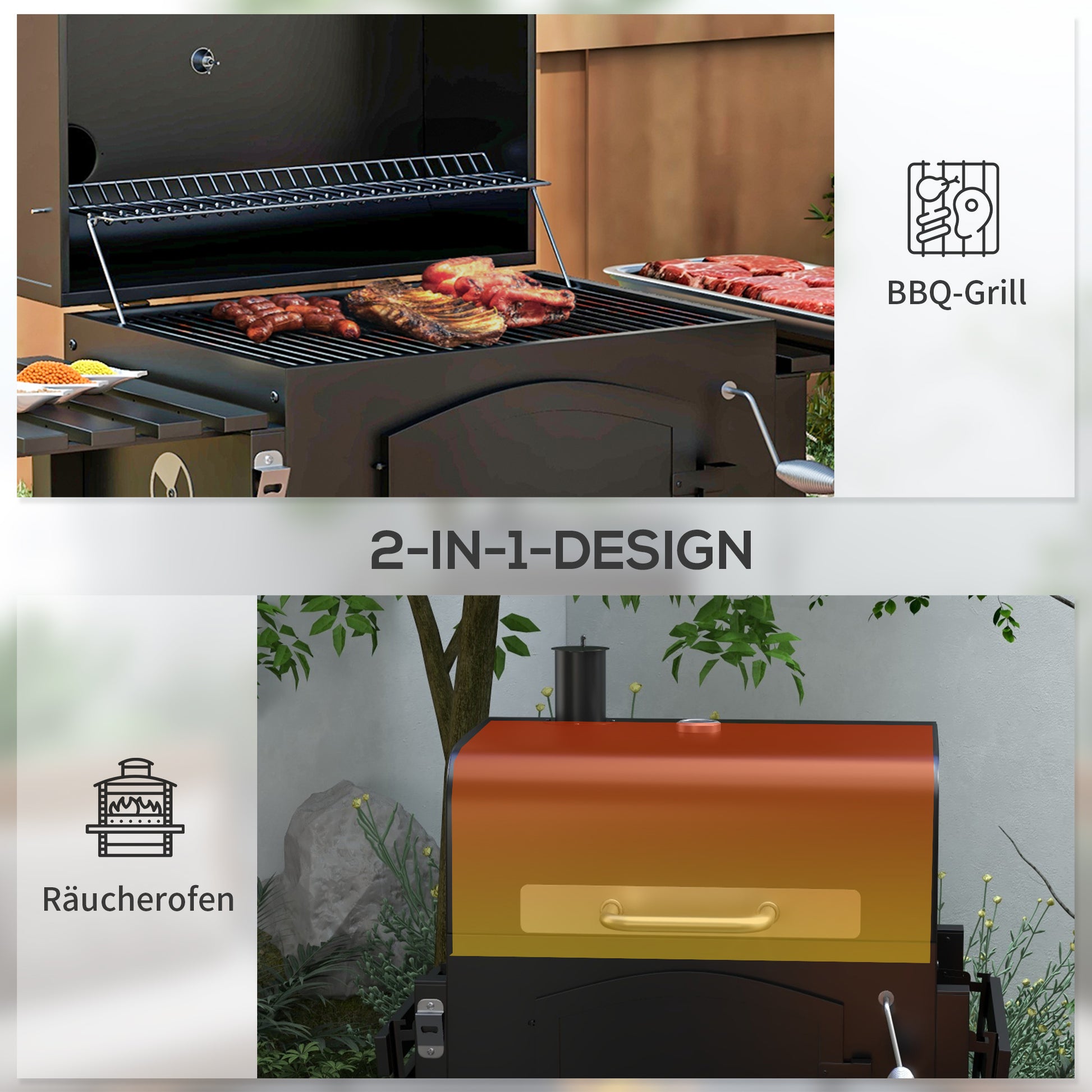 Charcoal Grill BBQ Garden Grill with Lid and Shelves, Camping Grill with Smoker, Warming Plate, Shelves, Garden Party, Transport Wheels, Metal, Black, 124 x 66 x 112 cm