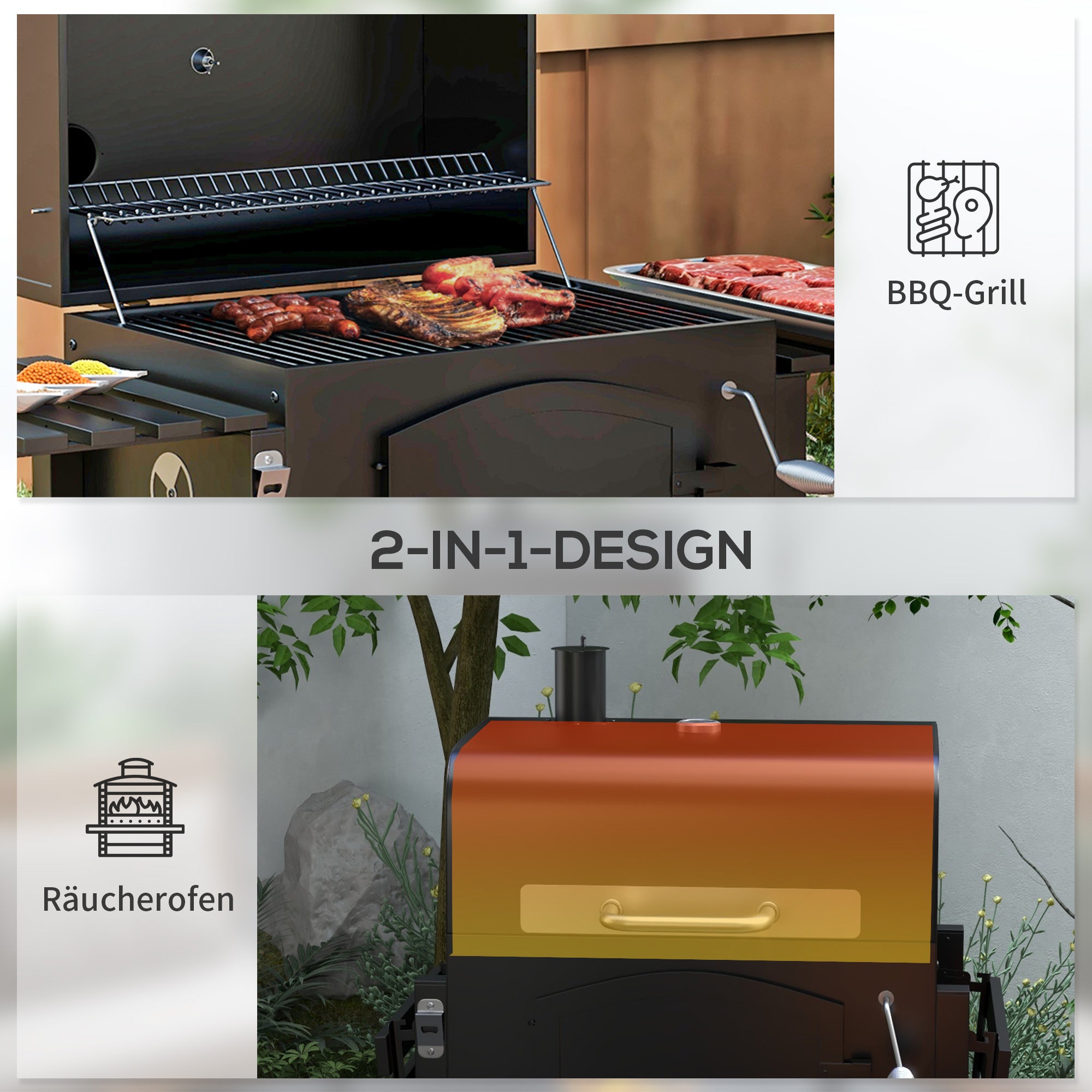 Charcoal Grill BBQ Garden Grill with Lid and Shelves, Camping Grill with Smoker, Warming Plate, Shelves, Garden Party, Transport Wheels, Metal, Black, 124 x 66 x 112 cm