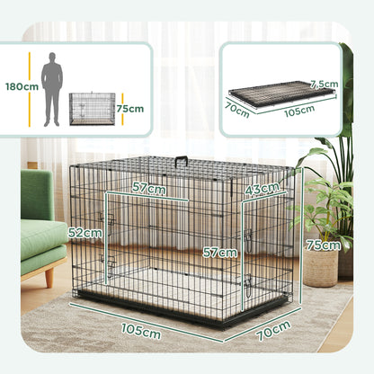 Dog Crate, Foldable Dog Transport Crate with 2 Doors, Removable Tray, Washable Soft Bed, Steel Frame, 105 x 70 x 75 cm, Black