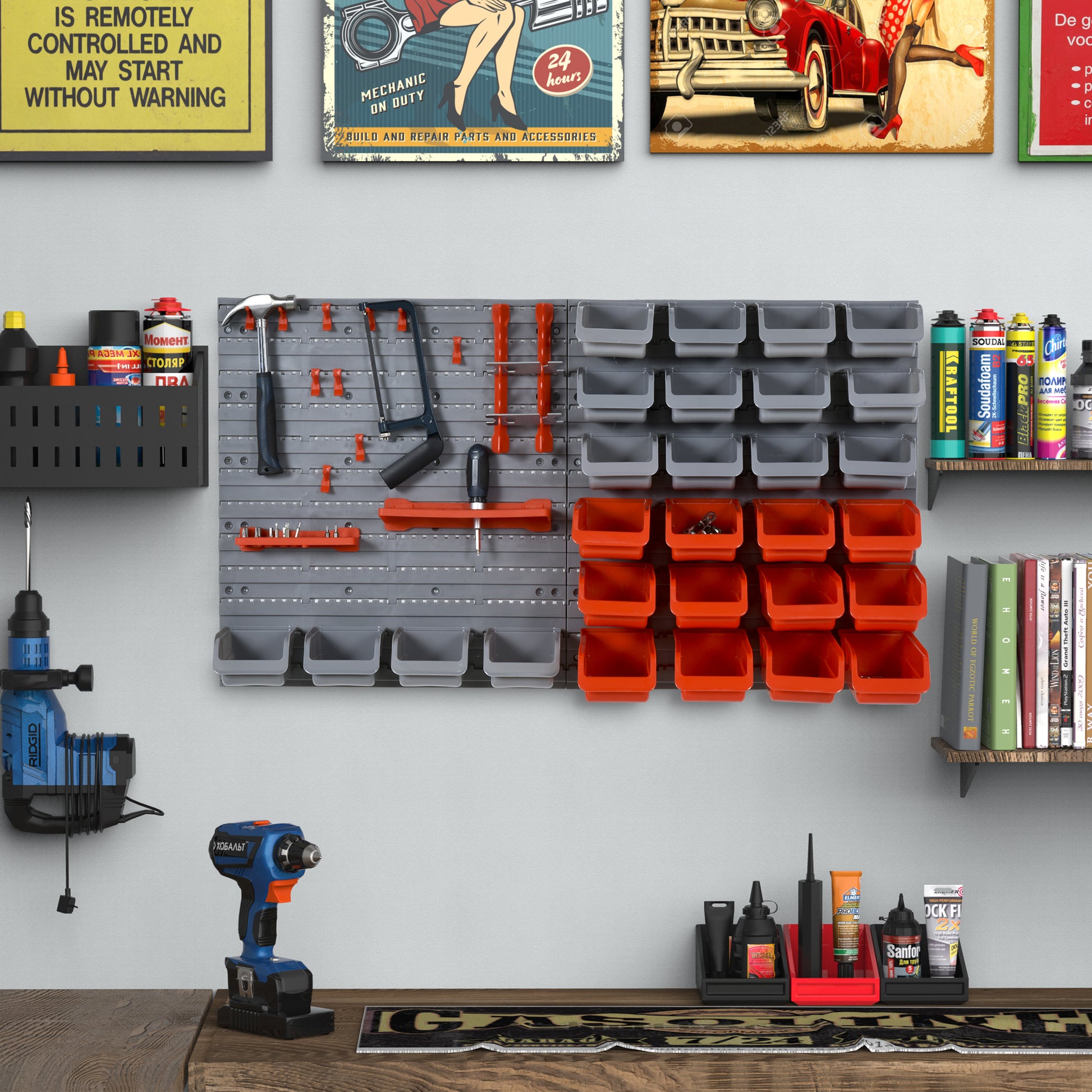44-Piece Wall Tool Organizer 95x54 cm Tool Wall Shelf with 28 Stackable Boxes and Different Hooks in Gray and Red