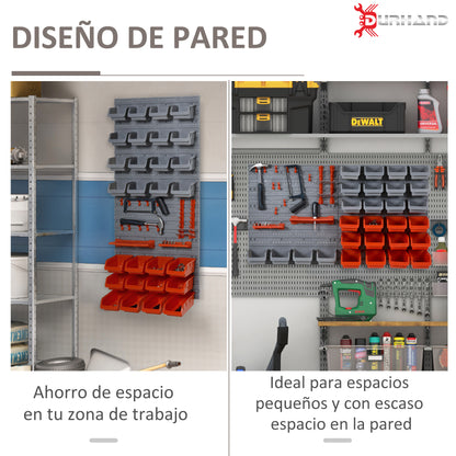 44-Piece Wall Tool Organizer 95x54 cm Tool Wall Shelf with 28 Stackable Boxes and Different Hooks in Gray and Red