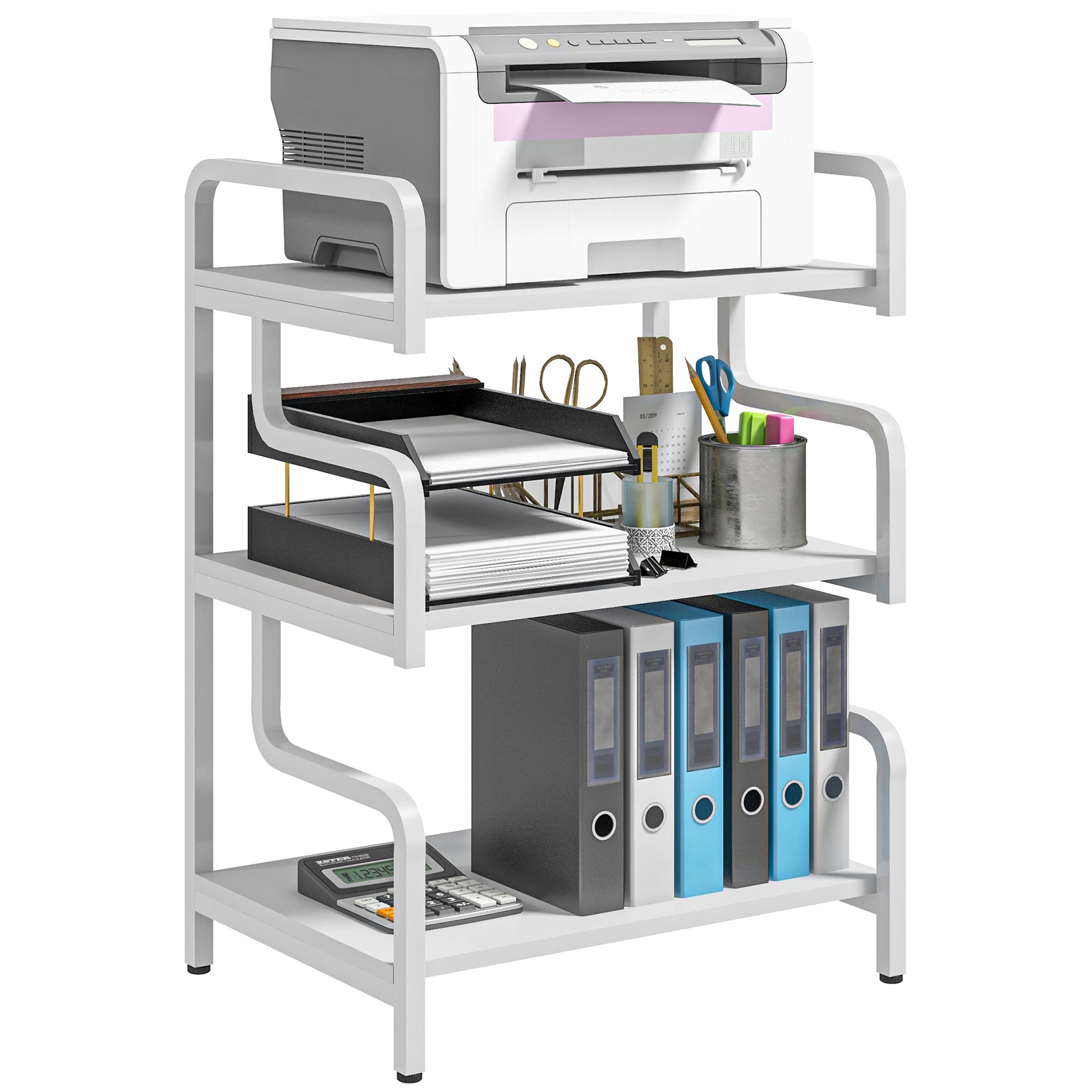 3-Tier Printer Stand, Storage Shelf, Wooden and Metal Printer Stand 55x40x77cm for Home Office White