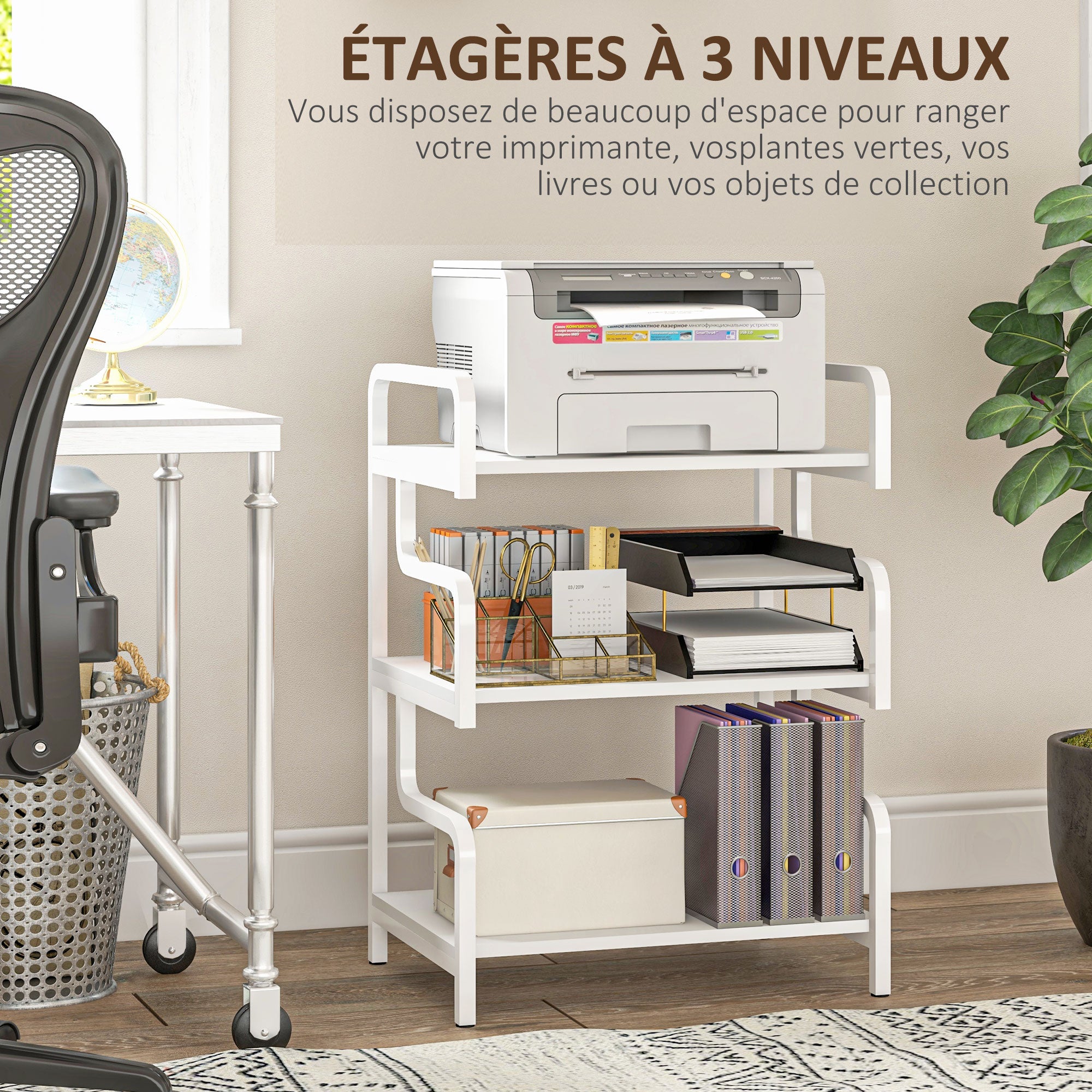 3-Tier Printer Stand, Storage Shelf, Wooden and Metal Printer Stand 55x40x77cm for Home Office White