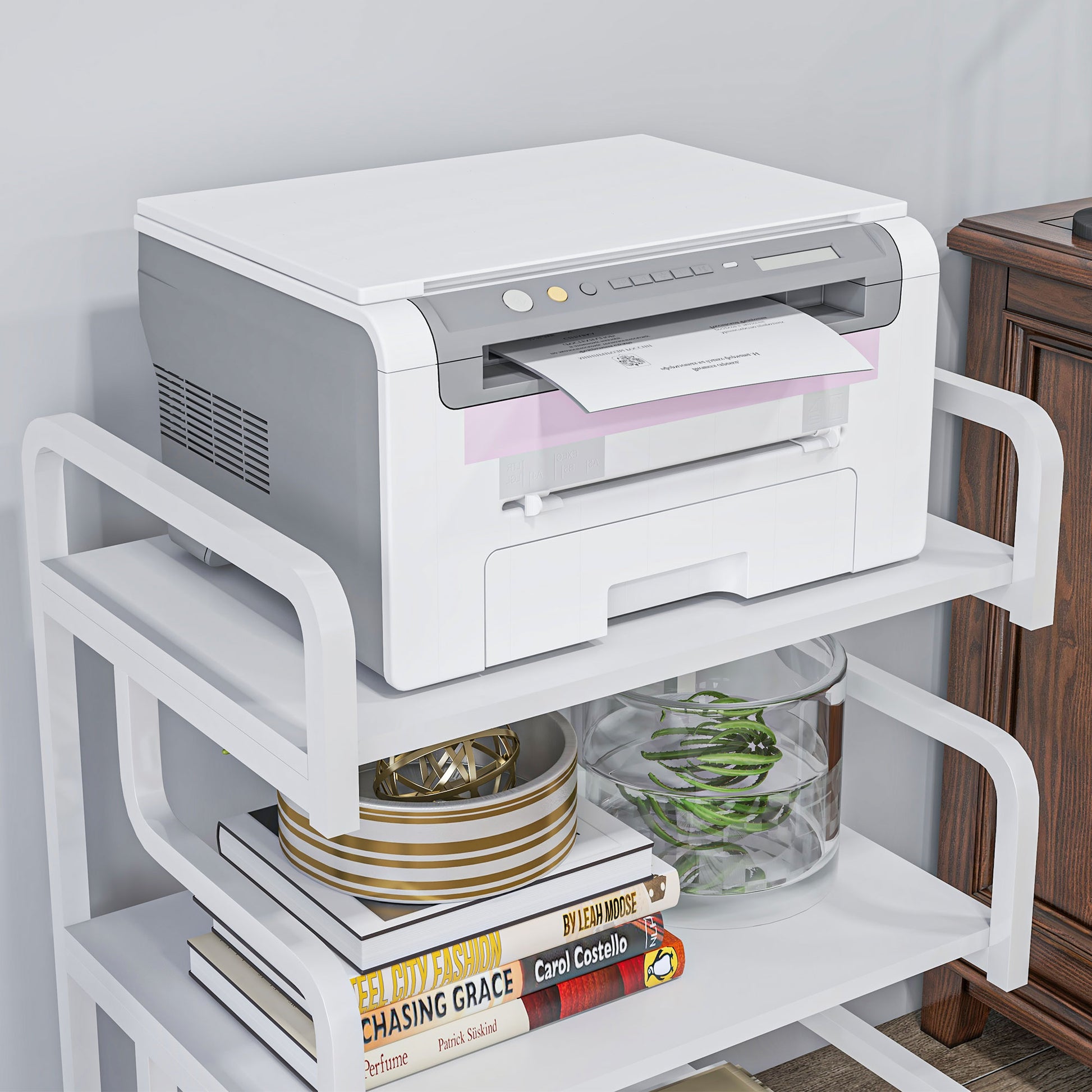 3-Tier Printer Stand, Storage Shelf, Wooden and Metal Printer Stand 55x40x77cm for Home Office White