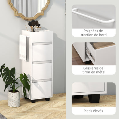 Bathroom Cabinet Storage Unit with 4 Compartments on Top, 3 Drawers and Towel Rack for Narrow Spaces, 35 x 30 x 90cm, White