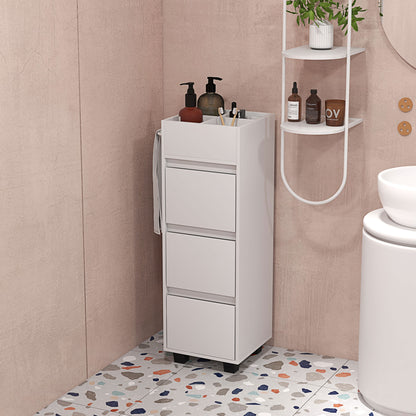 Bathroom Cabinet Storage Unit with 4 Compartments on Top, 3 Drawers and Towel Rack for Narrow Spaces, 35 x 30 x 90cm, White