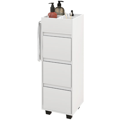 Bathroom Cabinet Storage Unit with 4 Compartments on Top, 3 Drawers and Towel Rack for Narrow Spaces, 35 x 30 x 90cm, White