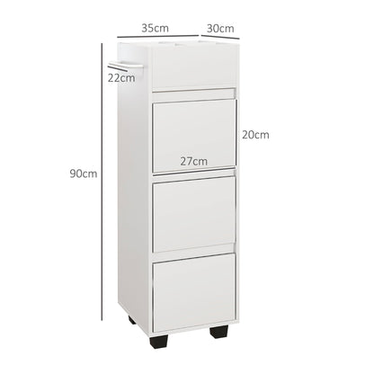 Bathroom Cabinet Storage Unit with 4 Compartments on Top, 3 Drawers and Towel Rack for Narrow Spaces, 35 x 30 x 90cm, White