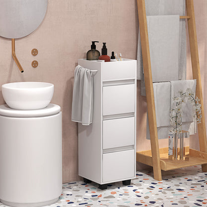 Bathroom Cabinet Storage Unit with 4 Compartments on Top, 3 Drawers and Towel Rack for Narrow Spaces, 35 x 30 x 90cm, White