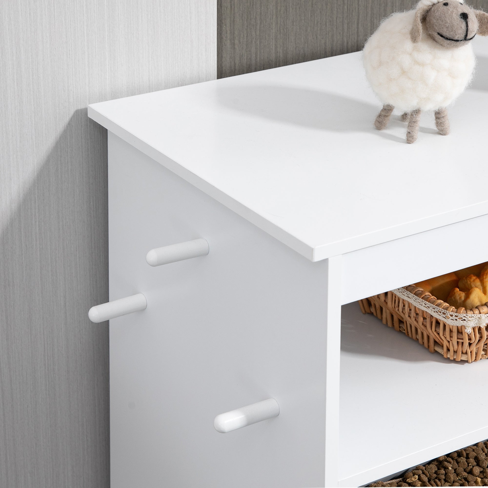 Pet Feeding Cabinet with 2 Stainless Steel Bowls, 3 Hooks, Pet Food Cabinet with Storage Cabinet, Open Compartment & Tilt Door, Dog Feeding Station for Dogs, 61 x 35.5 x 82 cm, White