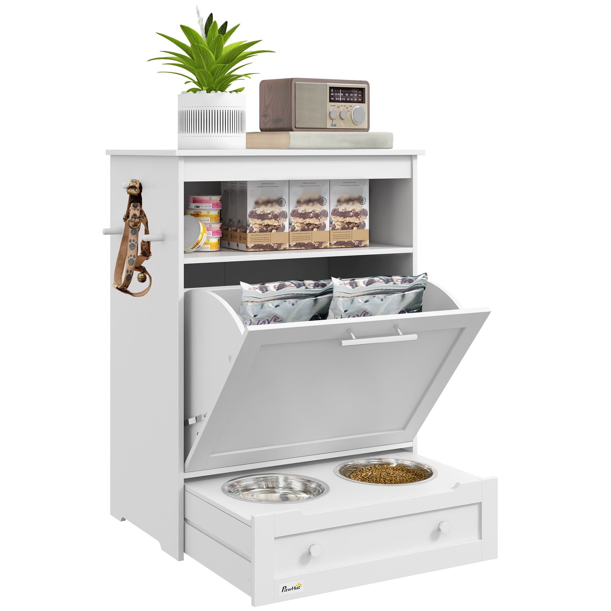 Pet Feeding Cabinet with 2 Stainless Steel Bowls, 3 Hooks, Pet Food Cabinet with Storage Cabinet, Open Compartment & Tilt Door, Dog Feeding Station for Dogs, 61 x 35.5 x 82 cm, White
