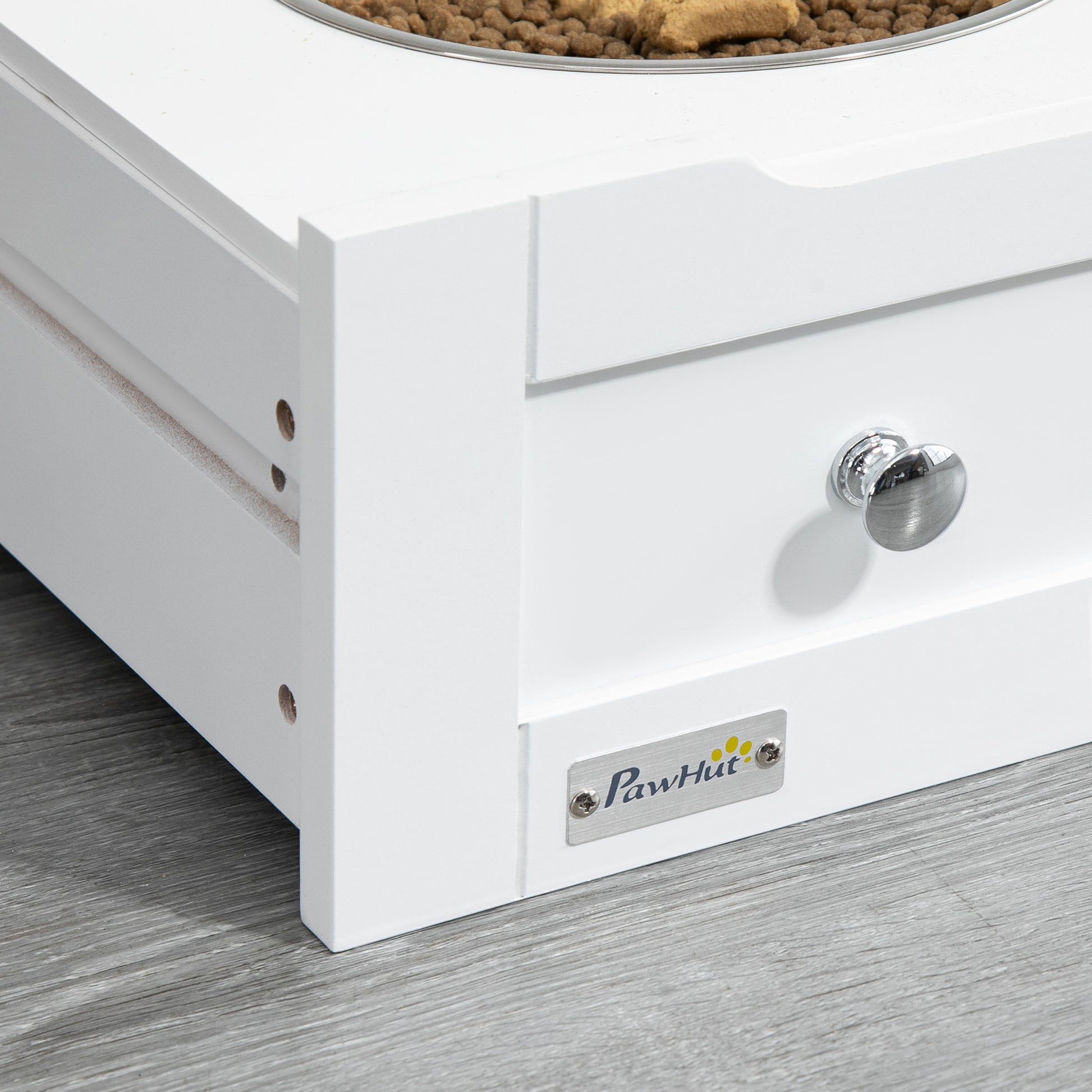 Pet Feeding Cabinet with 2 Stainless Steel Bowls, 3 Hooks, Pet Food Cabinet with Storage Cabinet, Open Compartment & Tilt Door, Dog Feeding Station for Dogs, 61 x 35.5 x 82 cm, White