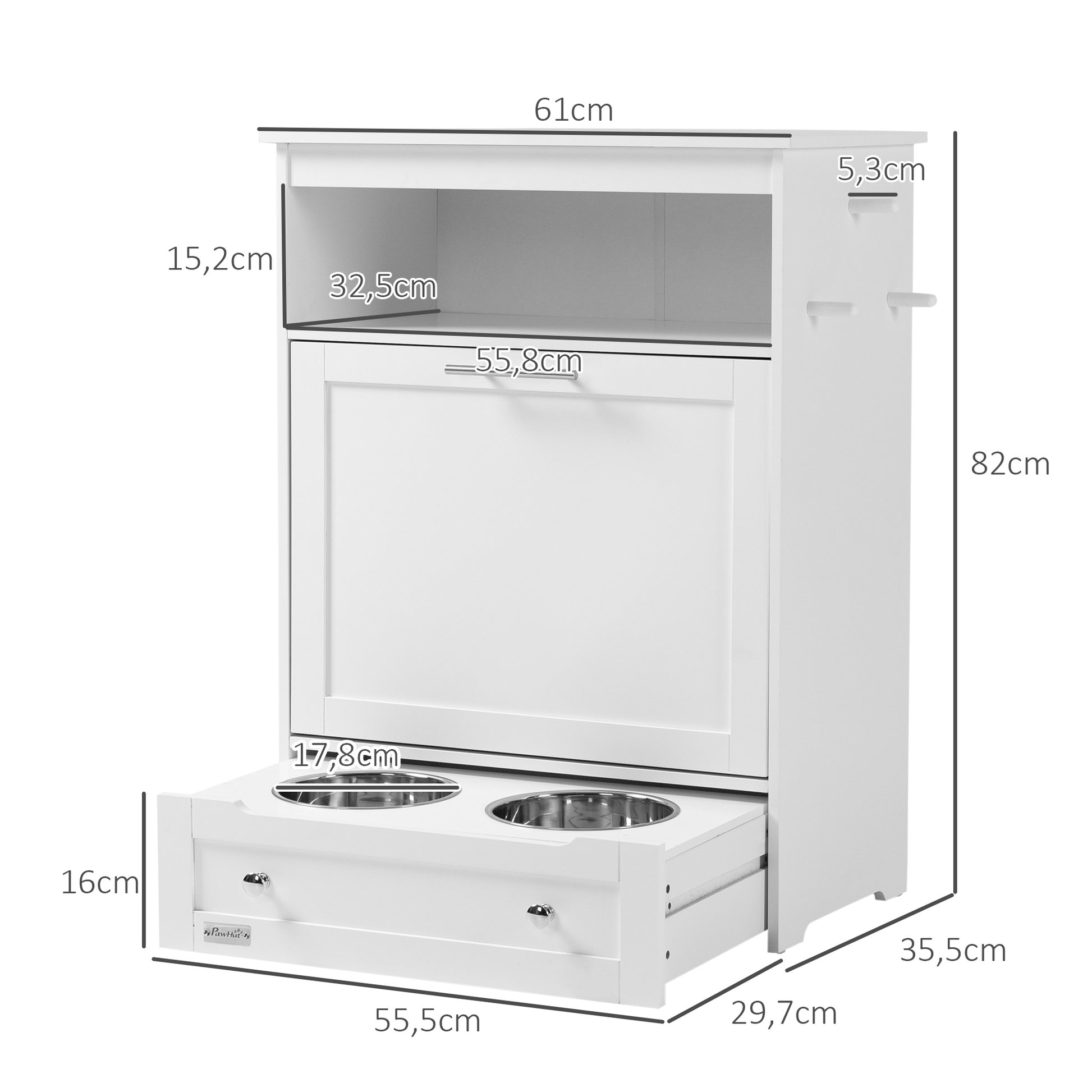 Pet Feeding Cabinet with 2 Stainless Steel Bowls, 3 Hooks, Pet Food Cabinet with Storage Cabinet, Open Compartment & Tilt Door, Dog Feeding Station for Dogs, 61 x 35.5 x 82 cm, White