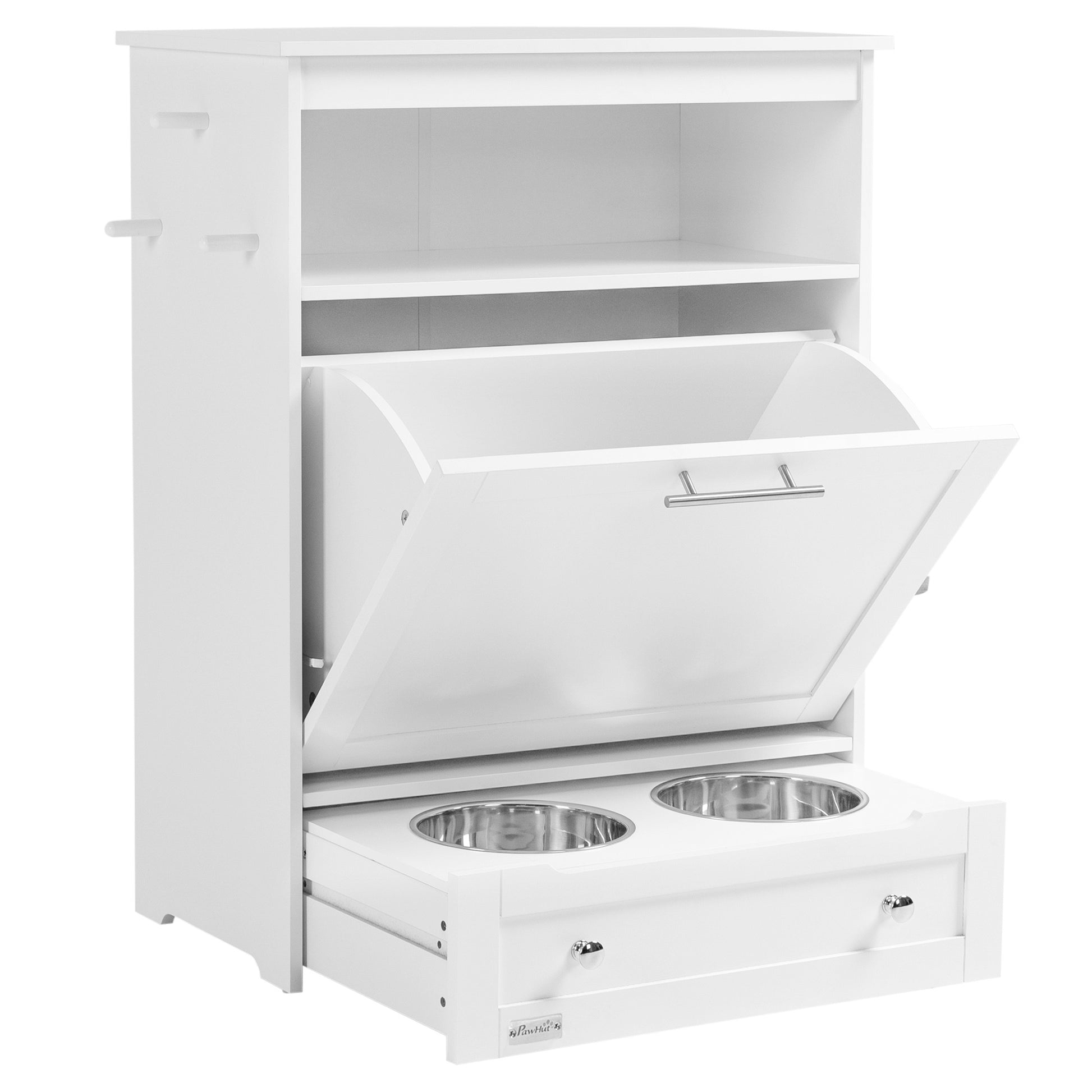 Pet Feeding Cabinet with 2 Stainless Steel Bowls, 3 Hooks, Pet Food Cabinet with Storage Cabinet, Open Compartment & Tilt Door, Dog Feeding Station for Dogs, 61 x 35.5 x 82 cm, White