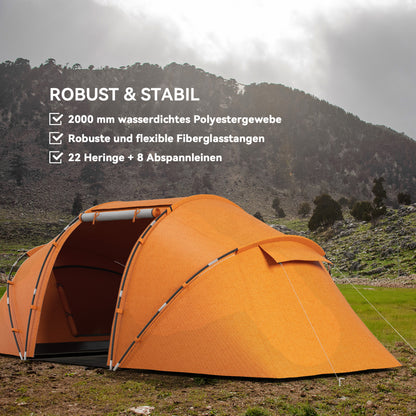 Tunnel Tent for 4–6 People – Waterproof 2000mm Family Camping Tent with Groundsheet and Entrance, Ideal for Travel, Trekking & Garden – Orange