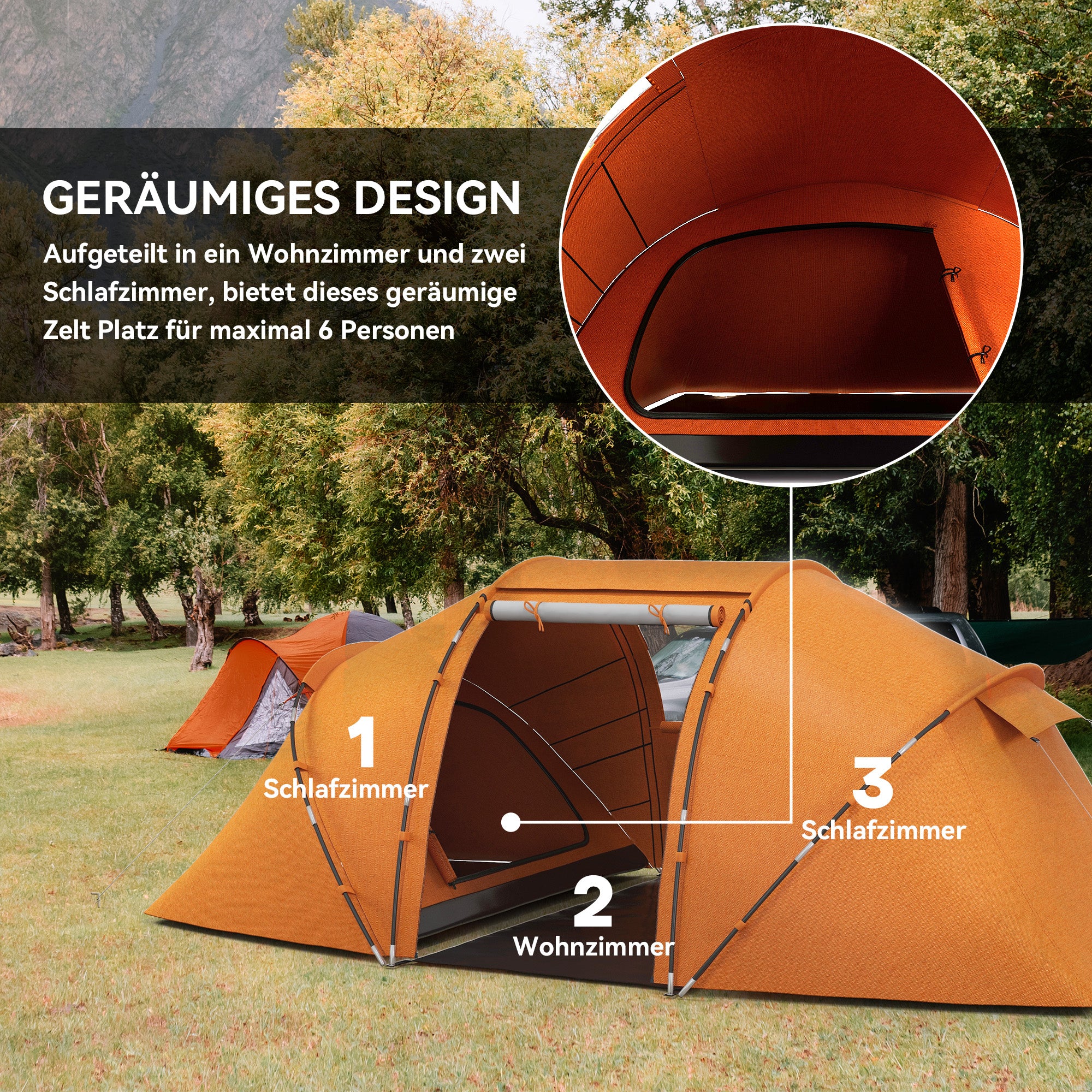 Tunnel Tent for 4–6 People – Waterproof 2000mm Family Camping Tent with Groundsheet and Entrance, Ideal for Travel, Trekking & Garden – Orange