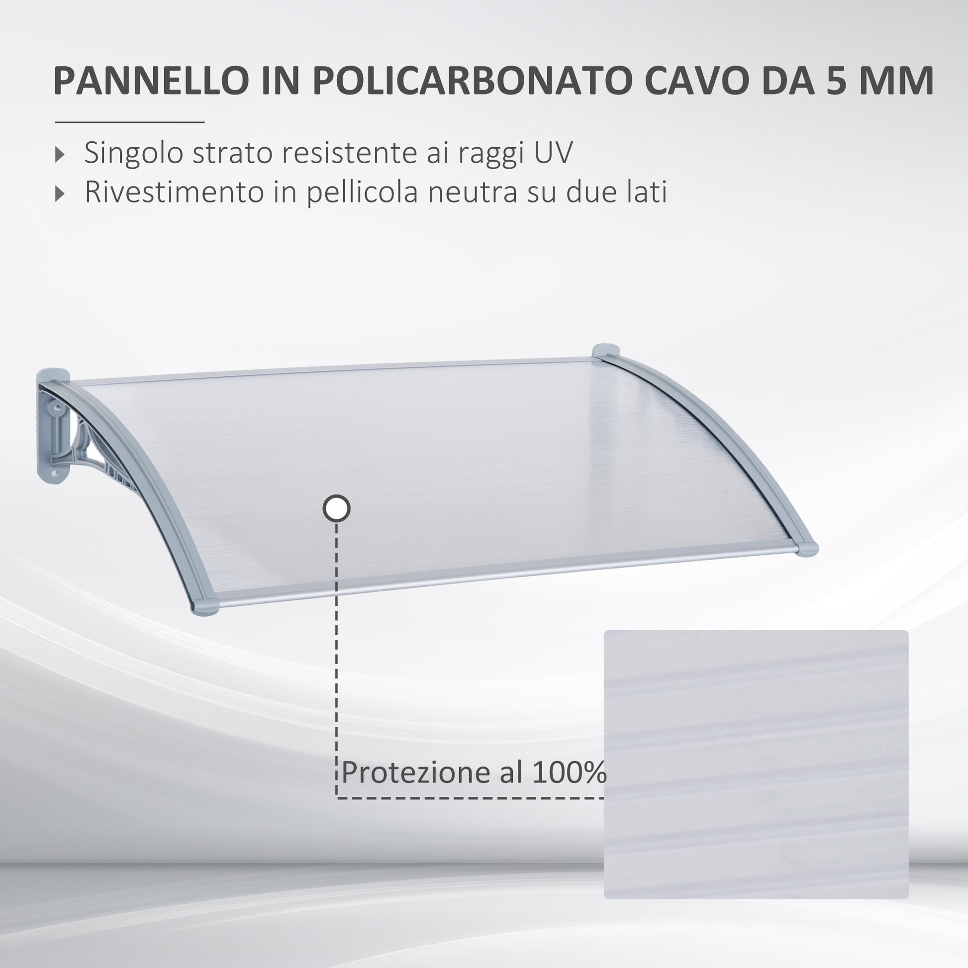 Outdoor Canopy 140x70x21 cm in Plastic and Aluminum for Balconies, Doors, and Windows UV Resistant, Gray