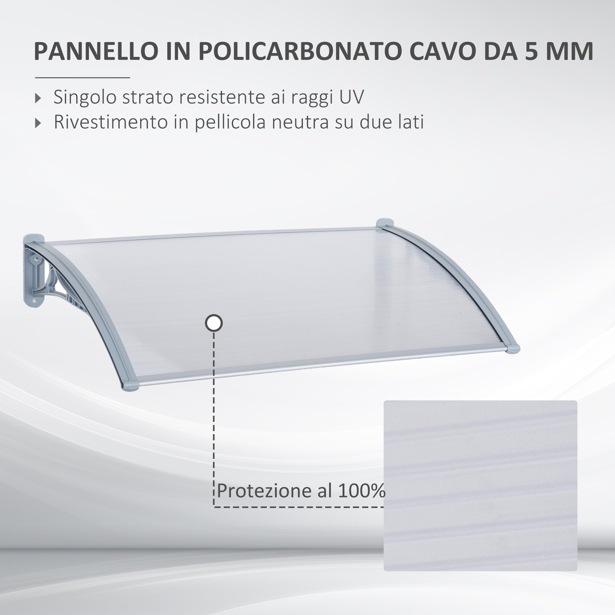 Outdoor Canopy 140x70x21 cm in Plastic and Aluminum for Balconies, Doors, and Windows UV Resistant, Gray