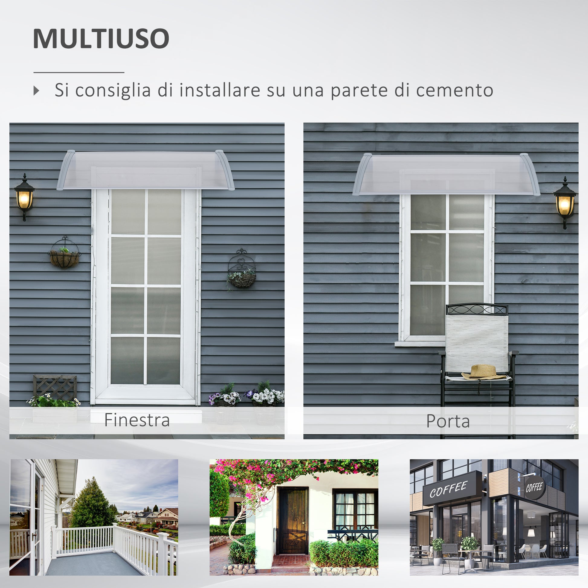 Outdoor Canopy 140x70x21 cm in Plastic and Aluminum for Balconies, Doors, and Windows UV Resistant, Gray
