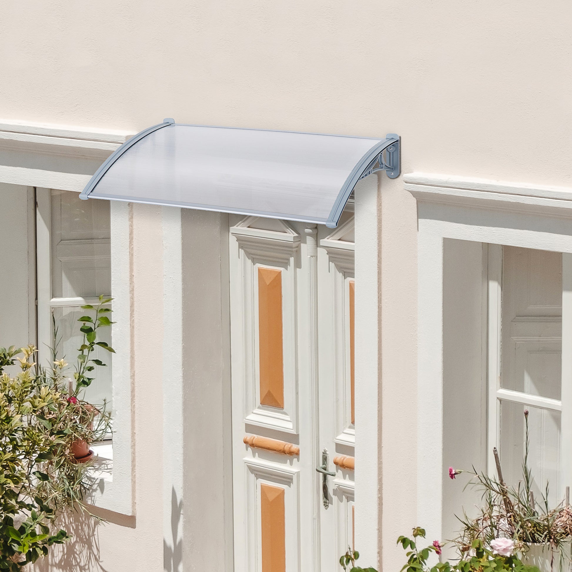 Outdoor Canopy 140x70x21 cm in Plastic and Aluminum for Balconies, Doors, and Windows UV Resistant, Gray