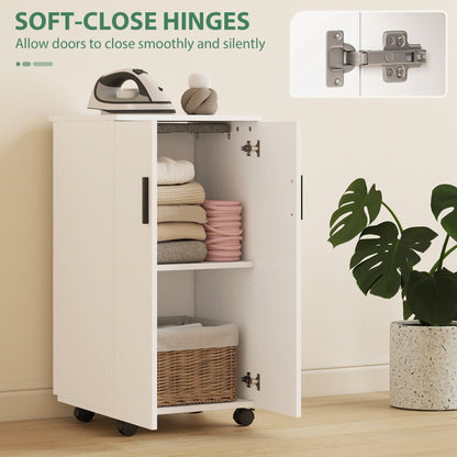 Foldable Ironing Board Cabinet with 2 Doors & Adjustable Shelves — Fold-Down Ironing Station with Storage, Soft-Close Hinges, Wheels, White (39.2 x 16.9 x 32.7 in)